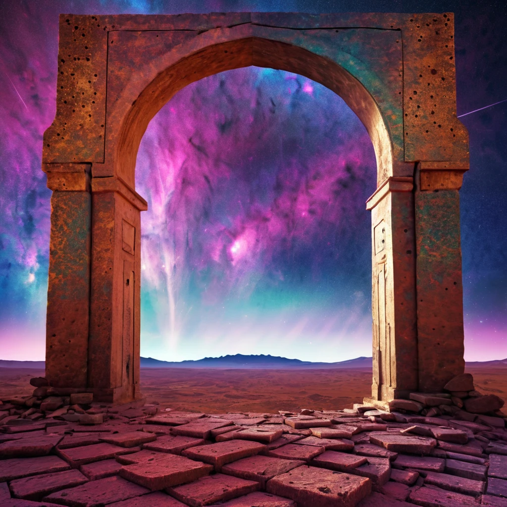 forgotten gateway of time and space, morocco, magical, magical flashes coming from the gateway of the future and the past, ancestral morocco, technological, 3d crackle, we can see a different landscape through the ancestral gateway, a wall, different sky outside and inside