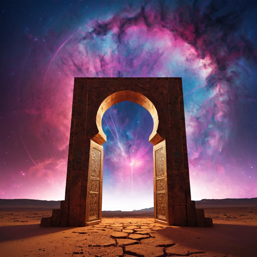 forgotten gateway of time and space, morocco, magical, magical flashes coming from the gateway of the future and the past, ancestral morocco, technological, 3d crackle, we can see a different landscape through the ancestral gateway, a wall, different sky outside and inside