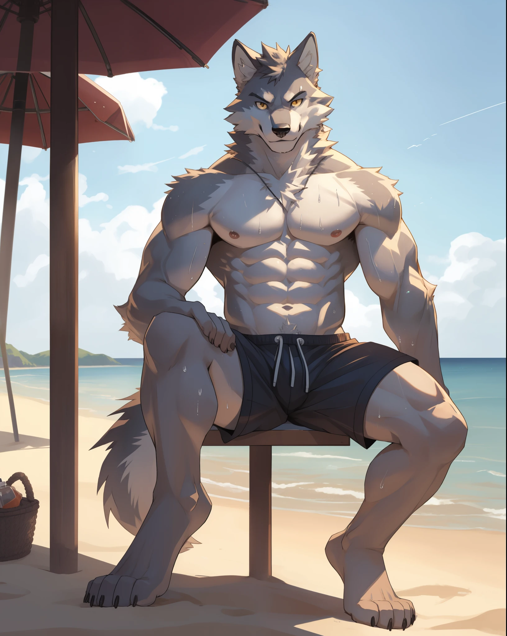 White wolf, furry, male, solo, looking at viewer, bad boy, ultra detailed, front view, topless, shorts, wolf tail, abs, pecs. perfect lighting, CG, detailed fur texture, beach, knee down, sweat, thirsty, Hot weather, sea view, barefoot