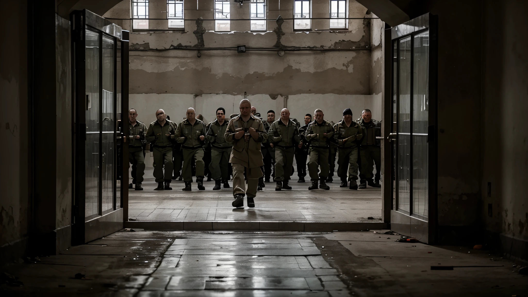 Shot of a Russian prison with angry prisoners