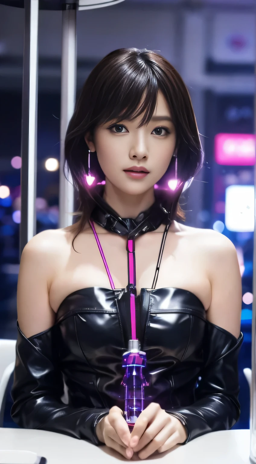 top quality, masterpiece, ultra high resolution, (photorealistic: 1.4), raw photo, 1 girl, Black hair, glossy leather, 1 mechanical girl, (Ultra realistic detail)), portrait, Global Illumination, shadows, octane number, 8K, ultra sharp, big, Bare skin with cleavage, metal, complex decorative details, Details about Japan, highly complex details, realistic light, CGSoation trend, Purple eyes, Sparkling eyes, facing the camera, neon details, mechanical limbs, Blood vessel, Connects to the handset, Mechanical vertebrae, attached to the back, mechanical cervial attaching to neck, is sitting, wires and cables, Connection with the head, gundam, Small LED Lamps,