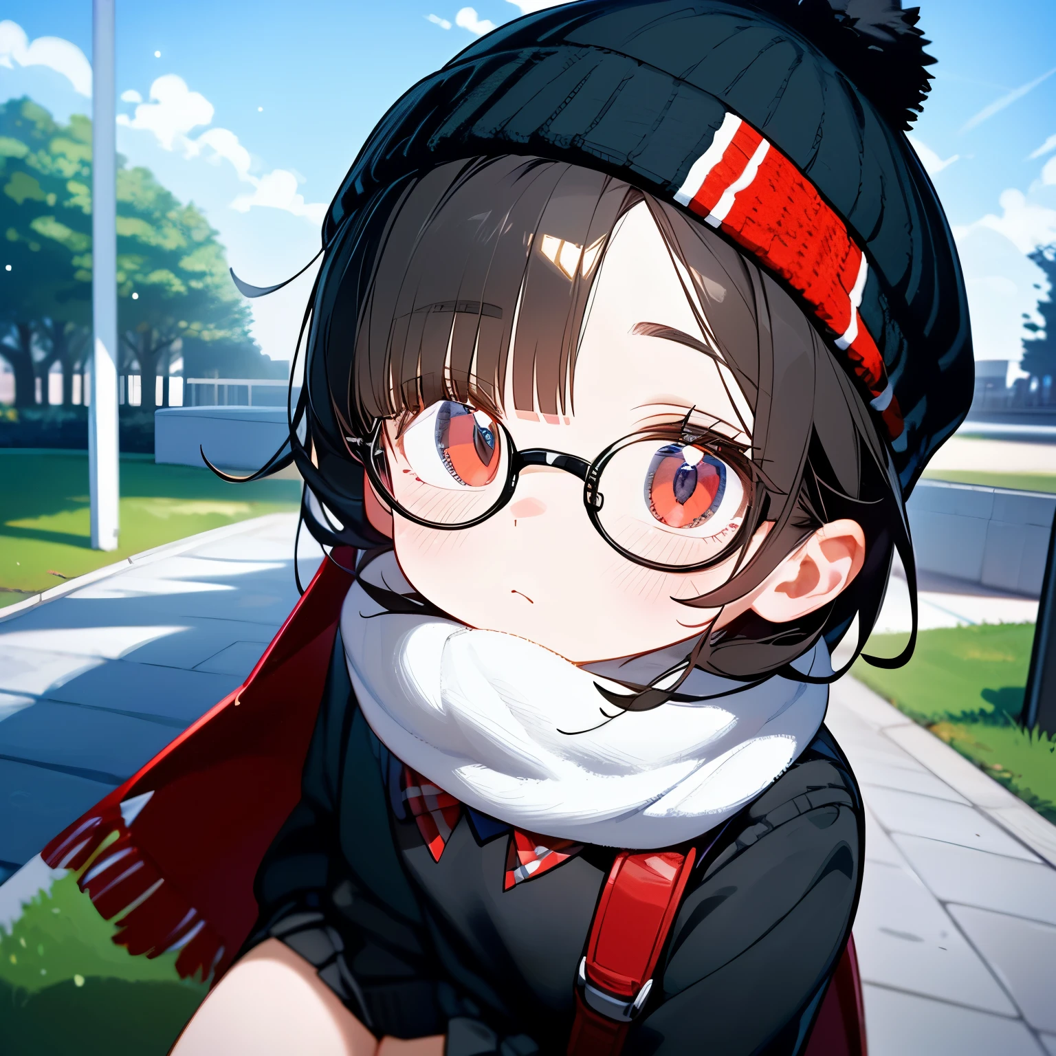 (masterpiece), best quality, expressive eyes, perfect face, red eye, black beanie, fluffy cut black hair, black scarf, tool bag black, black school sweater, short skirt, Round Glasses Black, park,