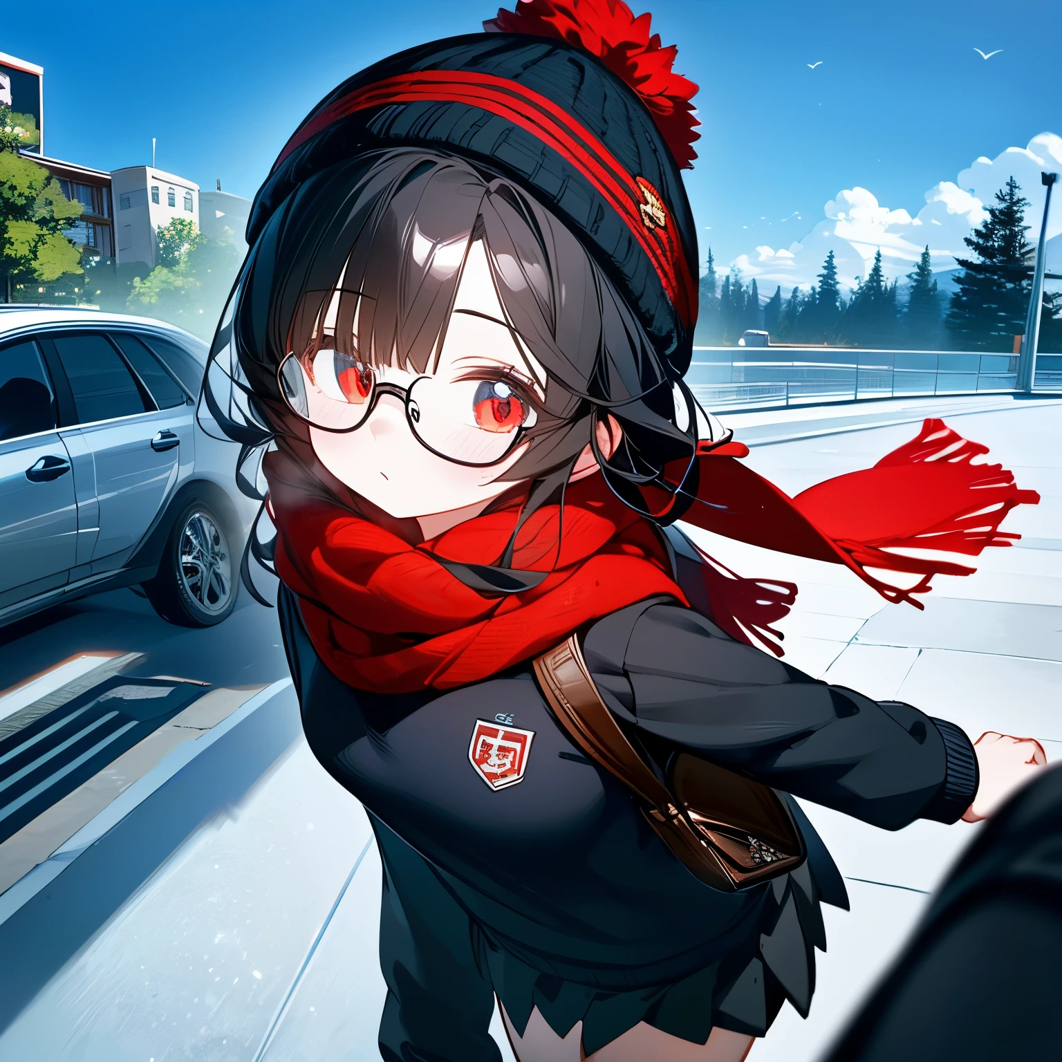 (masterpiece), best quality, expressive eyes, perfect face, red eye, black beanie, fluffy cut black hair, black scarf, tool bag black, black school sweater, short skirt, Round Glasses Black, park,