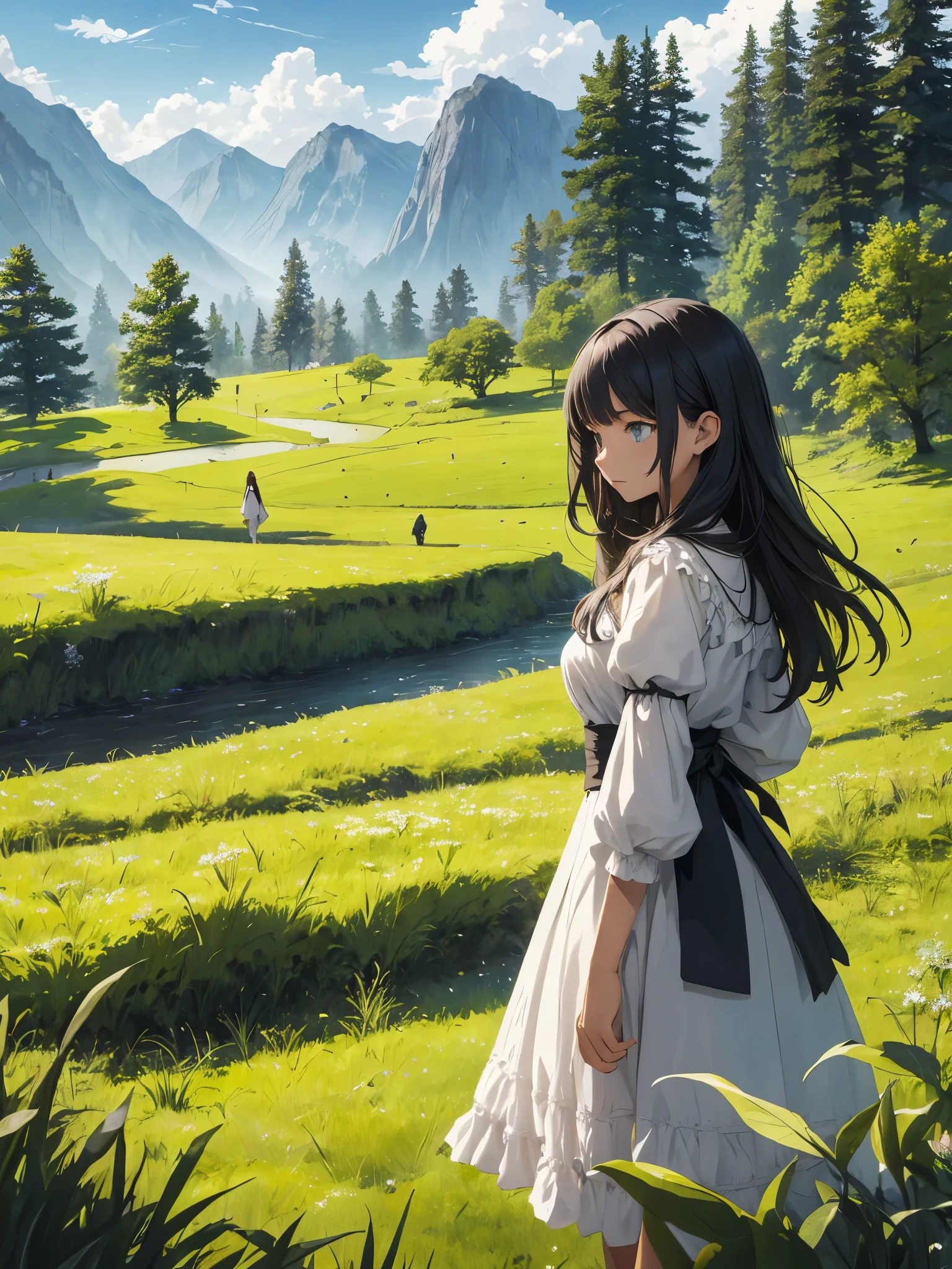 In a green meadow stands a girl leading a group of knights.
BREAK With a brave expression, she guides them towards their destiny.
BREAK Behind her, a green forest stretches and beyond, montanhas se erguem ao longe.
BREAK The most appropriate effect for this scene would be a watercolor painting technique to capture the softness of the meadow and the fluidity of movement.