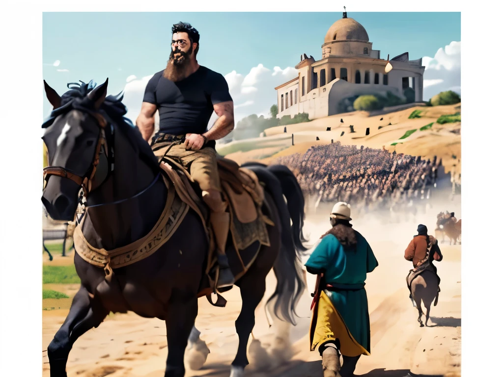 There is an adult man with a beard and black hair, montado em um cavalo. There's a king pulling the horse. In the background there are many people looking. biblical costumes. biblical style. Biblical scenario.