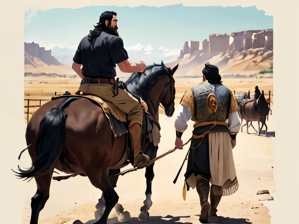 There is an adult man with a beard and black hair, montado em um cavalo. There's a king pulling the horse. In the background there are many people looking. biblical costumes. biblical style. Biblical scenario.