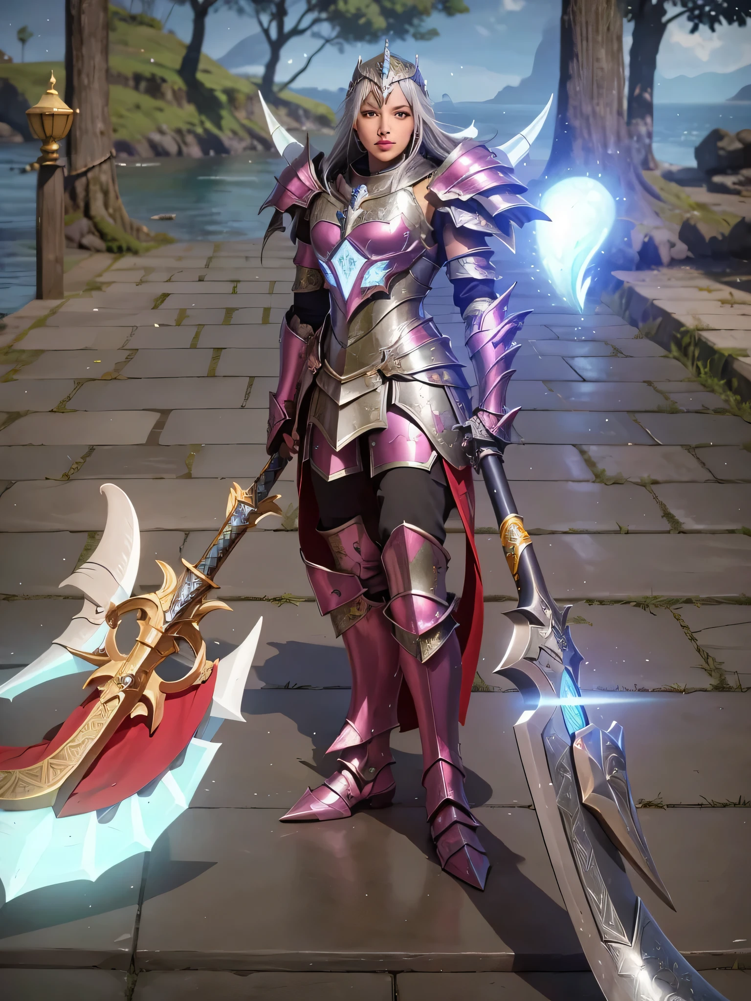 um close de uma pessoa segurando uma espada em uma plataforma de madeira, armadura refletida cor de gelo lascada, dressed in ethereal battle armor, da linhagem 2, em armadura de opala, with leviathan axe, epic paladin armor, draconic-looking armor, style of ghost blade, armadura de platina guerreira, sharp silver armor fuchsia skin, intrincada armadura de opala iridescente