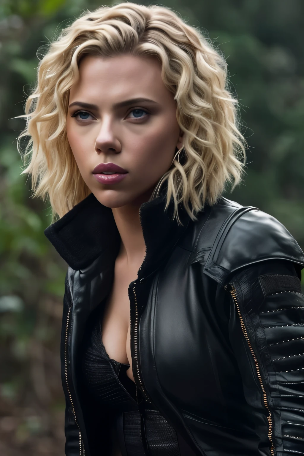 Scarlett Johansson,WITH SMOOTH LIPS,BATOM PRETO,JAQUETA PRETA,OLHANDO DE FRENTE,OLHAR FIX, SEMBLANTE SEX E SUAVE,OLOS VERDES CABELOS RUIVO,IMAGEM EM REALISMO,8K FOTOGRAFIA