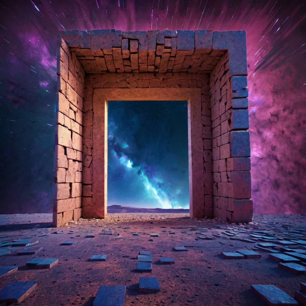 forgotten gateway of time and space, morocco, magical, magical flashes coming from the gateway of the future and the past, ancestral morocco, technological, 3d crackle, we can see a different landscape through the ancestral gateway, a wall, different sky outside and inside