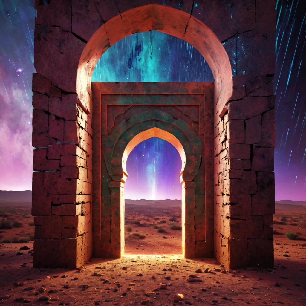 forgotten gateway of time and space, morocco, magical, magical flashes coming from the gateway of the future and the past, ancestral morocco, technological, 3d crackle, we can see a different landscape through the ancestral gateway, a wall, different sky outside and inside