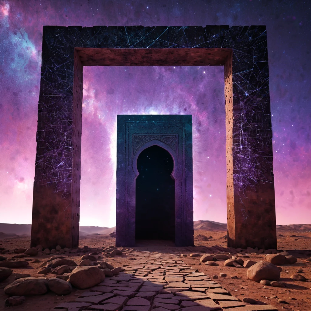 forgotten gateway of time and space, morocco, magical, magical flashes coming from the gateway of the future and the past, ancestral morocco, technological, 3d crackle, we can see a different landscape through the ancestral gateway, a wall, different sky outside and inside