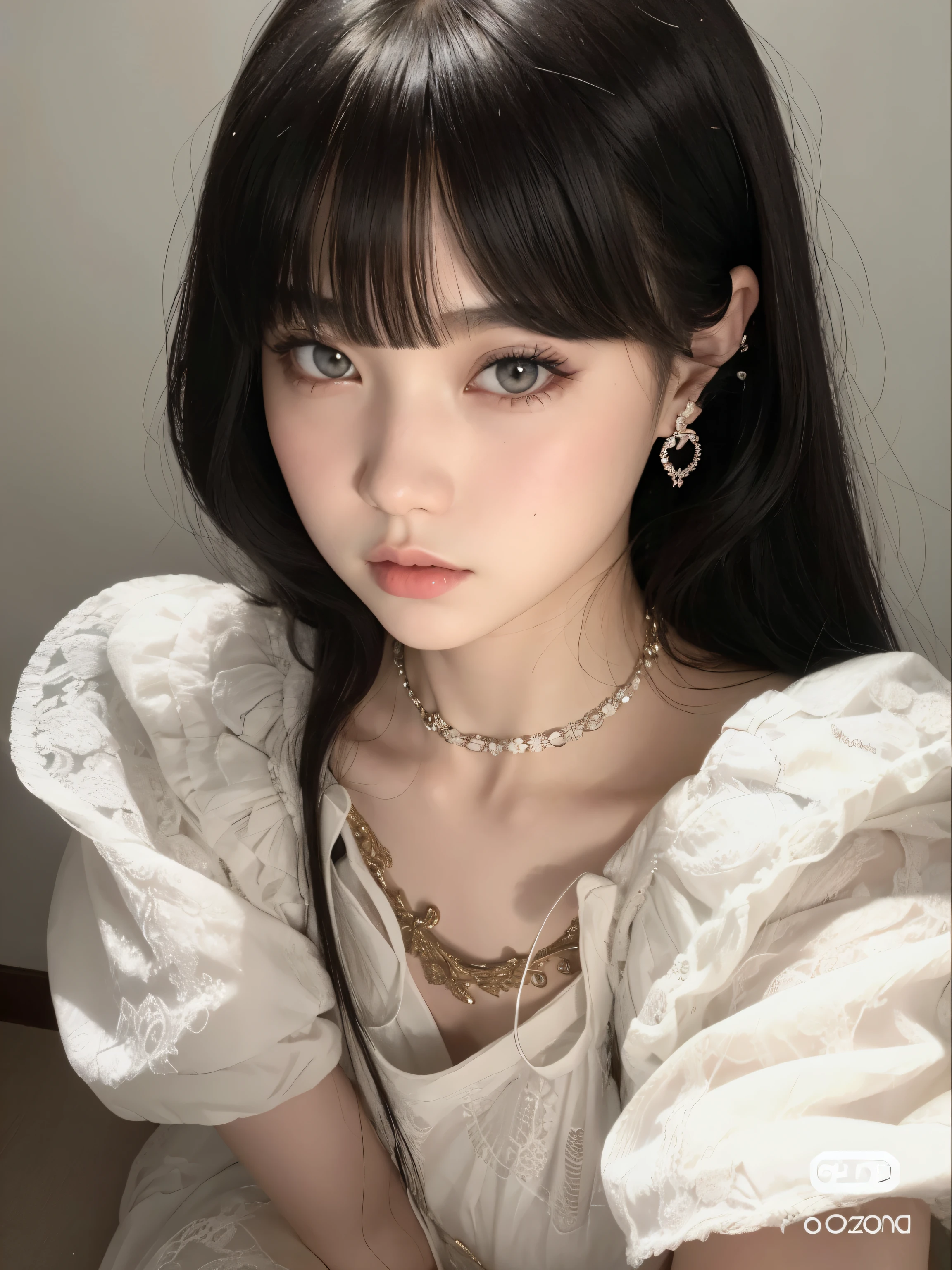 um close up de uma mulher usando um vestido branco e um colar, penteado com corte hime branco, Ulzzang, o corte Hime, shikami, fair and pale skin!!, corte de cabelo preto hime, cruel korean goth girl, chiho, small heart-shaped face, Bela Delfina, Lalisa Manobal, anime vibes, pale porcelain white skin