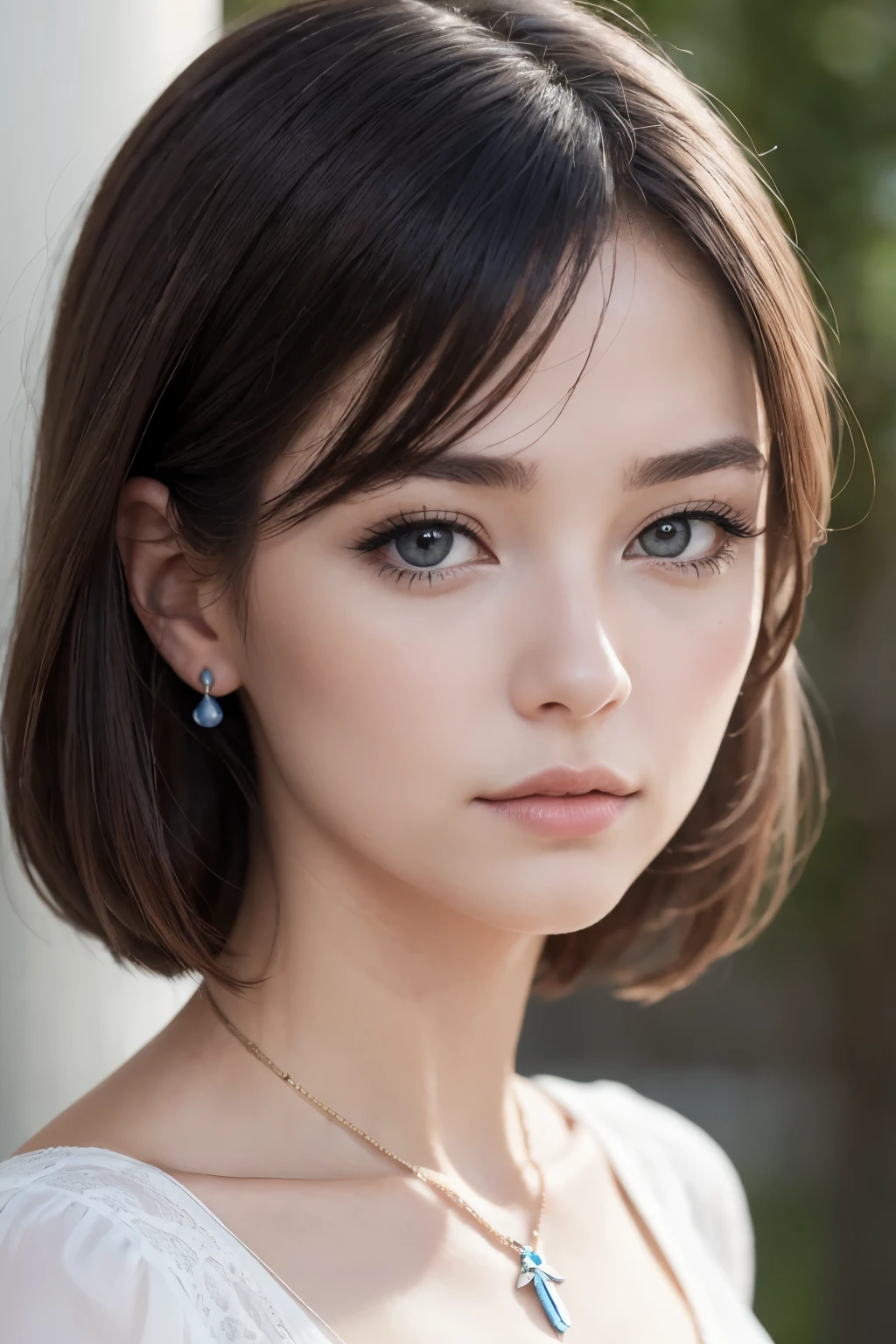1fille, Seulement, Regarder la visionneuse, Realistic, portrait, cheveux bruns, Cheveux longs, lips, bijoux, collier, closed mouth, cils, nez, yeux gris, yeux bleus, taches de rousseur, European with Asian features