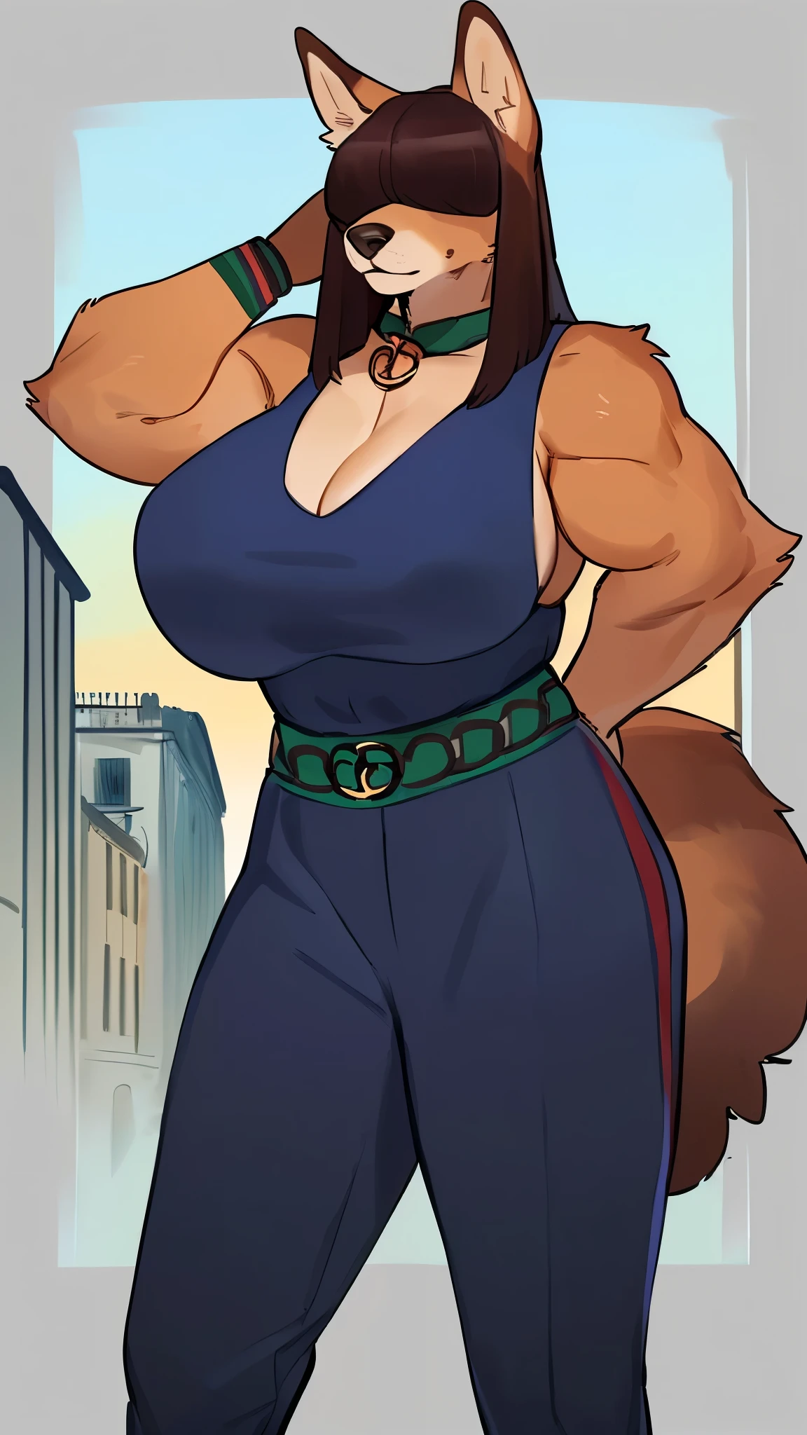 By bebebebebe, by lostgoose, by goonie-san, female, ((canine, snout, hair covering eyes, straight hair, medium hair, flat hair, ears, thin snout)), brown fur, big poofy tail, raised tail, dark maroon hair, ((muscular)), (big breasts), solo, standing, ((designer clothes, gucci)), (italian city)