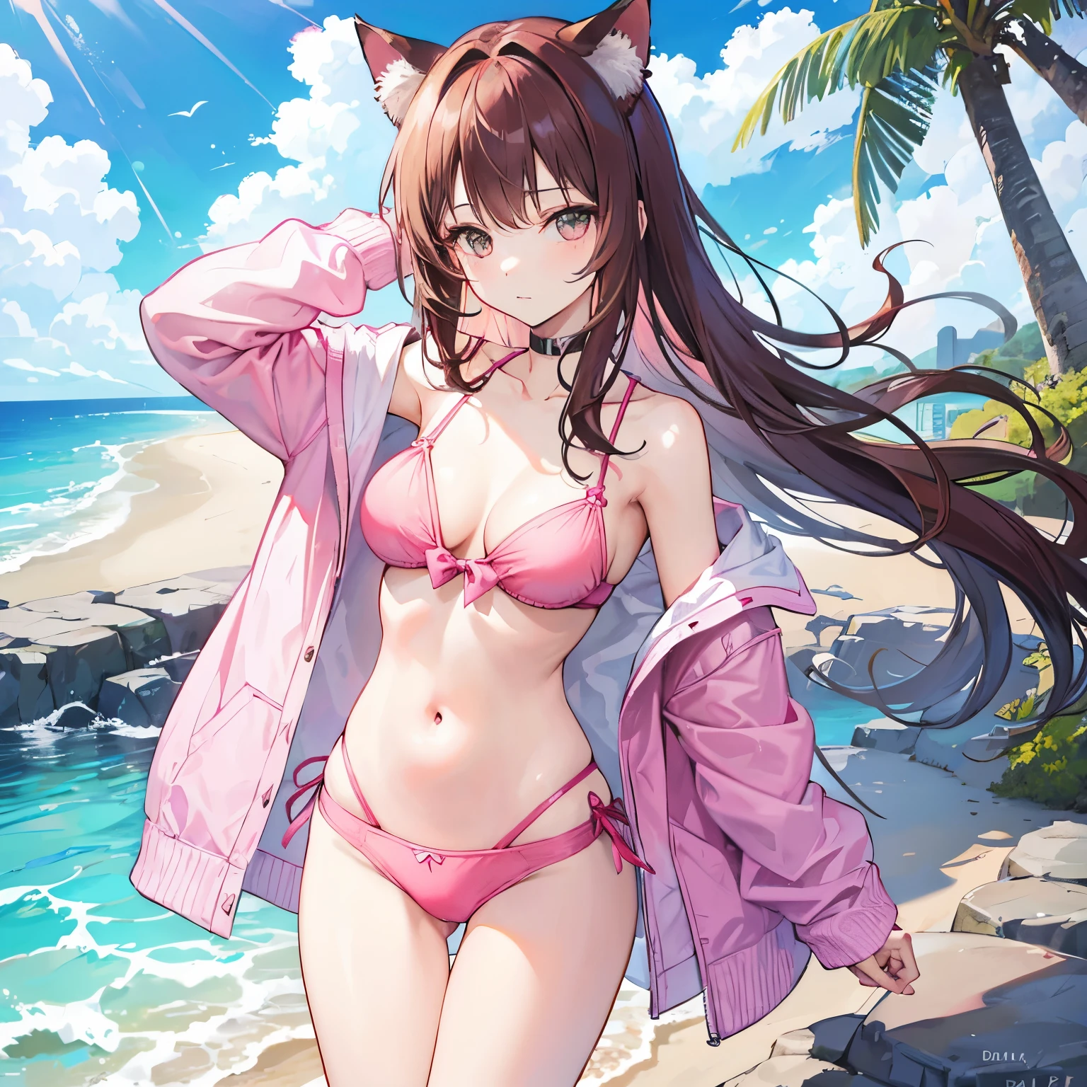 cat ears girl, 22 years old, actual, She wears a pink bikini, brown hair.Read a book by the sea