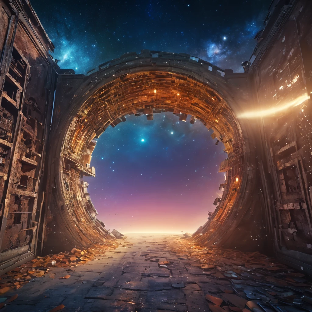 Aerial view of a forgotten ((open gateway)) of time and space.(best quality,4k,8k,highres,masterpiece:1.2),ultra-detailed,(realistic,photorealistic,photo-realistic:1.37),HDR,UHD,studio lighting,ultra-fine painting,sharp focus,physically-based rendering,extreme detail description,professional,vivid colors,bokeh,concept artists