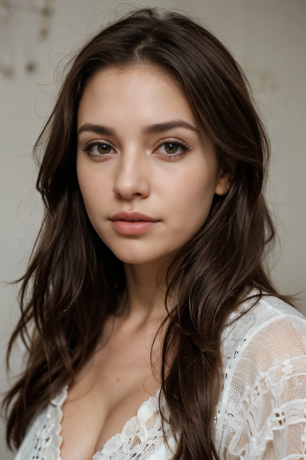 ((Mejor calidad)), ((obra maestra)), (detallado), perfect face of a 28 year old brunette woman., que tiene una cara muy natural, labios delgados, ojos delgados, cejas finas, nariz fina, pelo largo,pendientes, long eyelashes. Foto de perfil de su rostro en primer plano