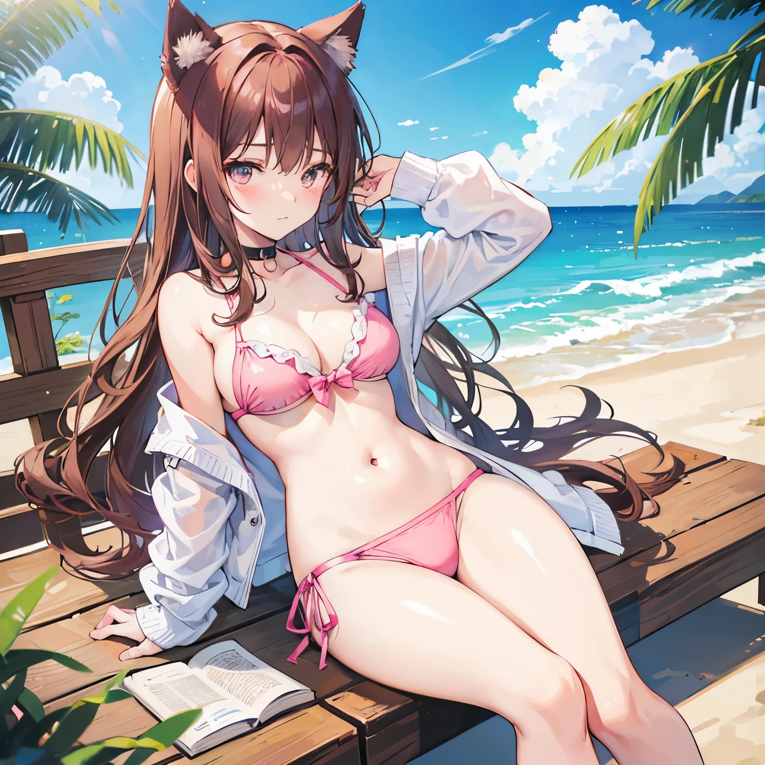 cat ears girl, 22 years old, actual, She wears a pink bikini, brown hair.Read a book by the sea,Tsundere