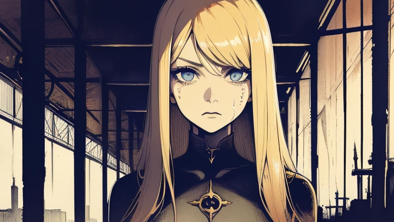 masterpiece, best quality, a girl,(European and American faces),(blonde,blue eyes ), (expression of painful compromise), (Serious),Heavy atmosphere, watercolor, sketch,dark large warehouse