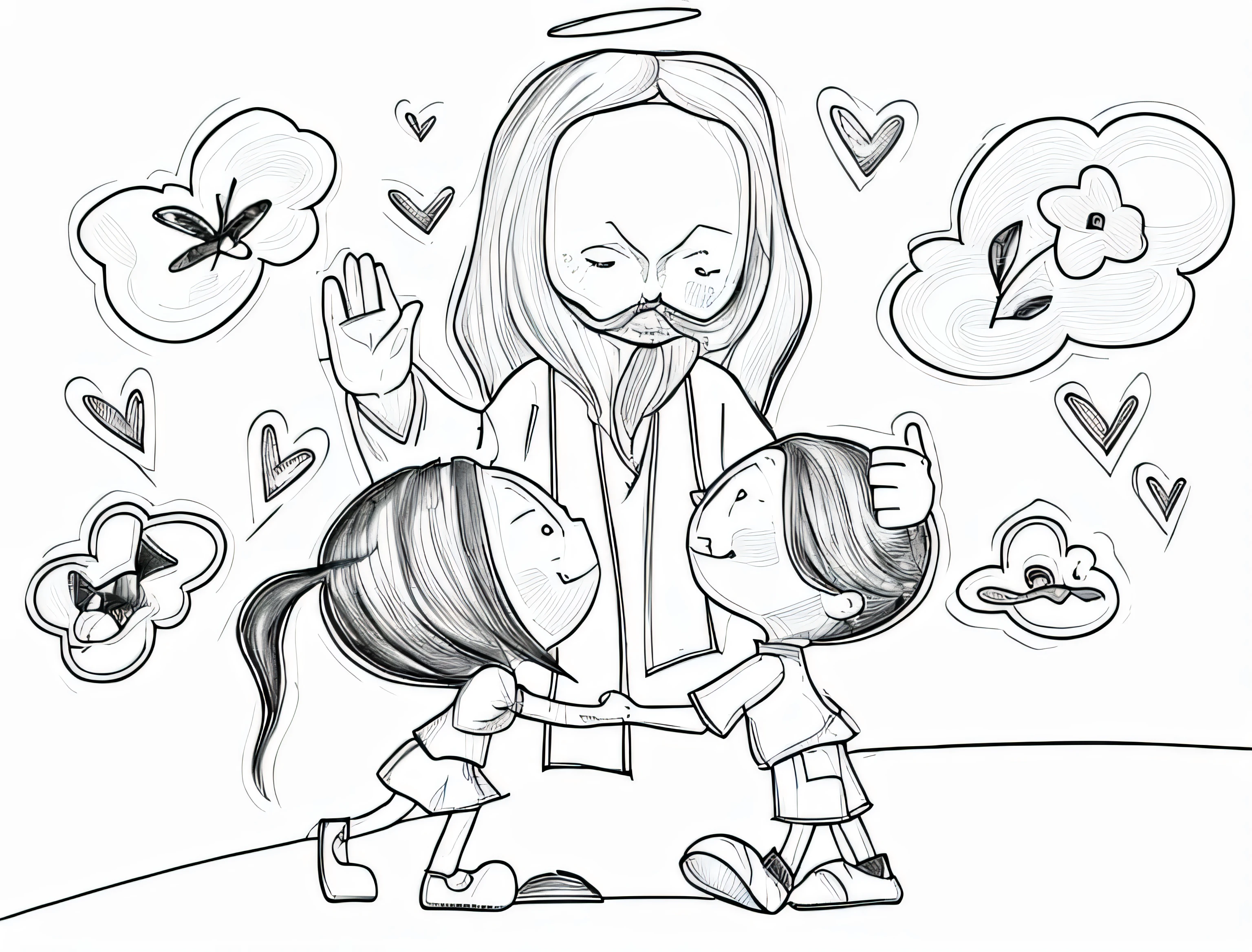 Jesus with the children, line drawing, Ultra HD, 4K