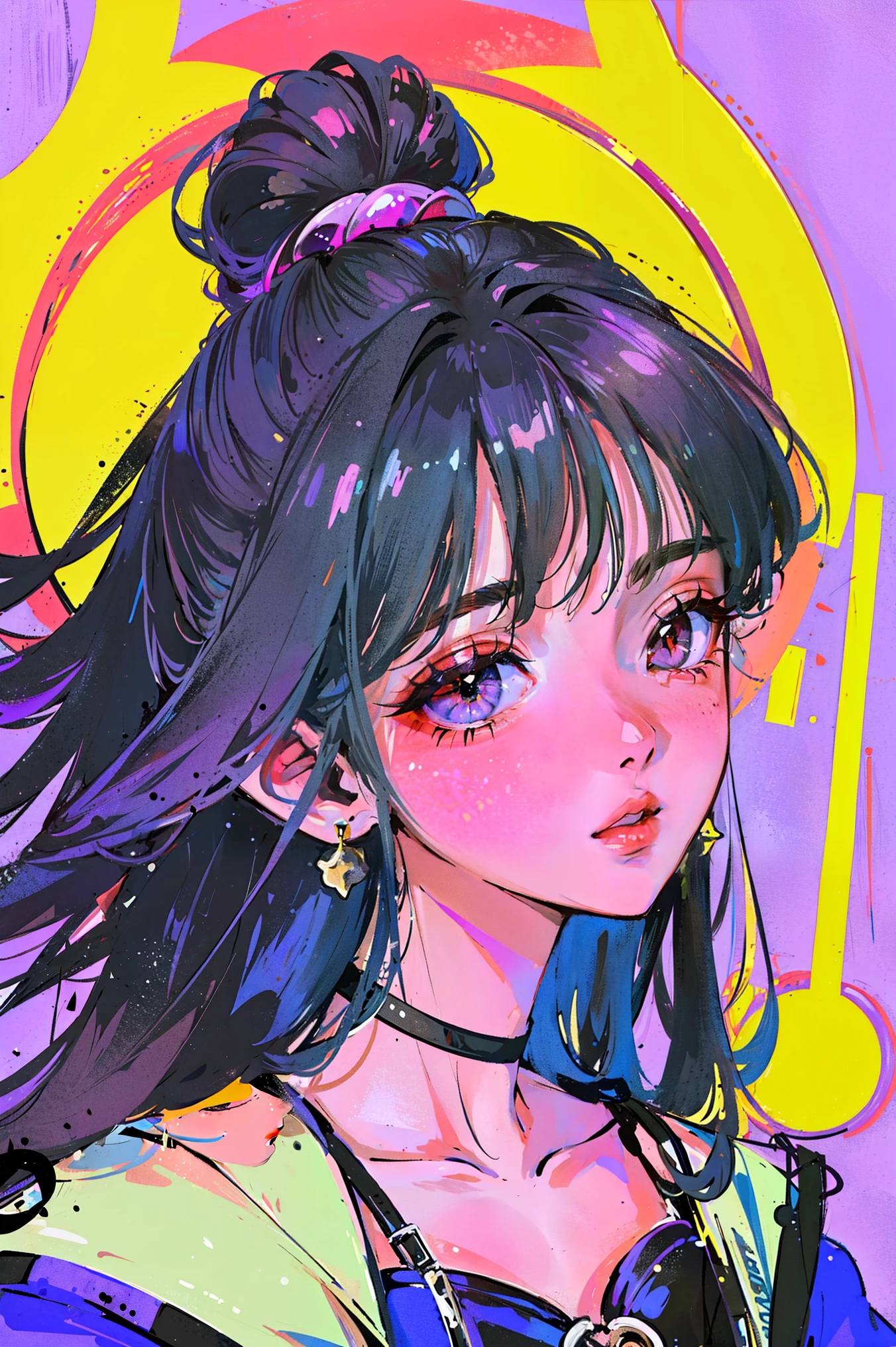 (portlate:1.4), (masterpiece:1.2, top-quality:1.2), From above, The upper part of the body, 1girl in, look up to, sface focus, extra detailed face, extremely detailed eye, goodlooking, make - up, Fingers on lips, Lunette de soleil, Fashion Wear, large earring,purple color haishionable