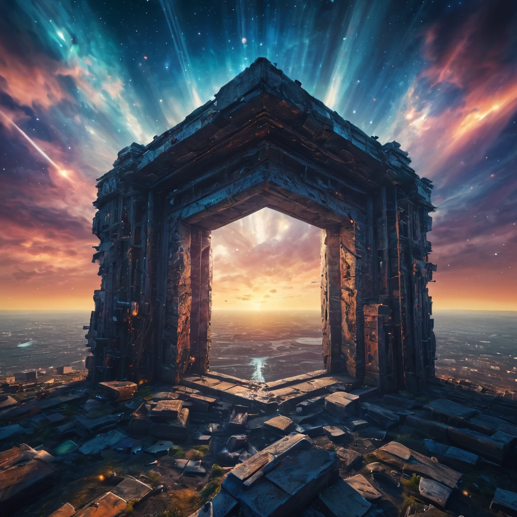 Aerial view of a forgotten ((open gateway)) of time and space.(best quality,4k,8k,highres,masterpiece:1.2),ultra-detailed,(realistic,photorealistic,photo-realistic:1.37),HDR,UHD,studio lighting,ultra-fine painting,sharp focus,physically-based rendering,extreme detail description,professional,vivid colors,bokeh,concept artists