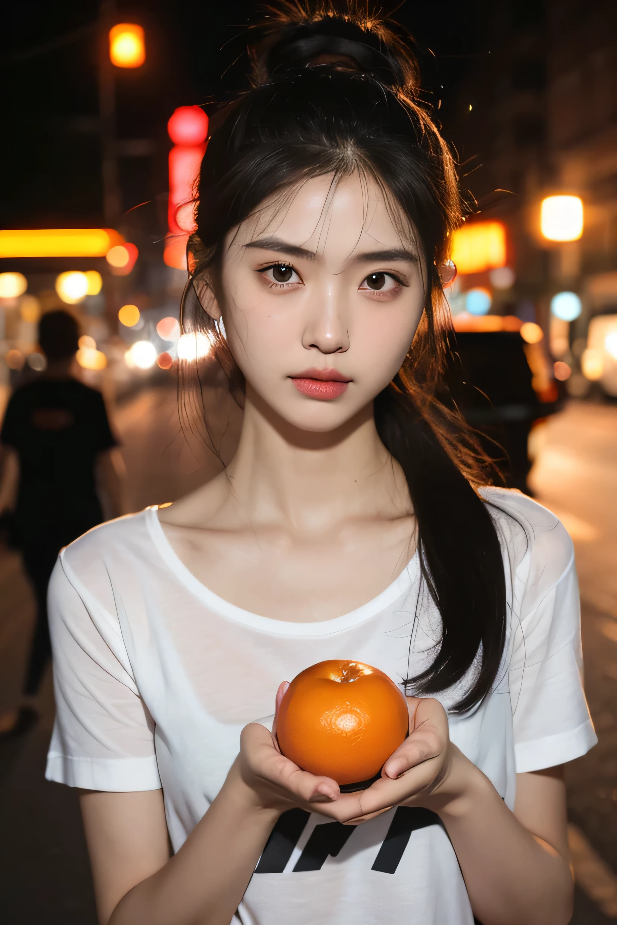 1 girl, Idol, close, clavicle, ,Holding tangerines in your hands, photograph, movie, Depth of written boundary, skin texture, T-shirt, rubber band, topknot, long hair, messy hair、On the street in the middle of the night