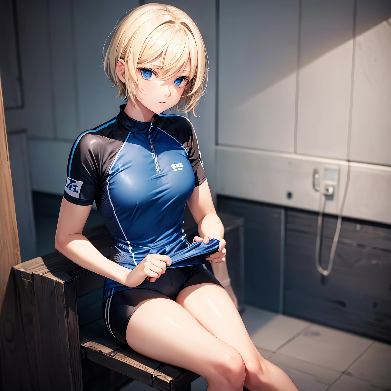 1girl, athletic, blue eyes, blonde hair, short hair, looking at viewer, sitting, hands behind back, black bike jersey, 3/4 compressed bike shorts with glossy dark navy accents, short sleeve fitted jersey with dark blue glossy accent