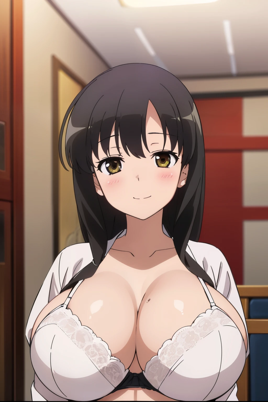 anime screencap, masterpiece, best quality, high resolution, 2D, anime cels, best quality, high resolution, 1girl, kasumi iwato, (lace bra), indoors, (huge breasts:1.4), blush, embarrassed, smile, looking away