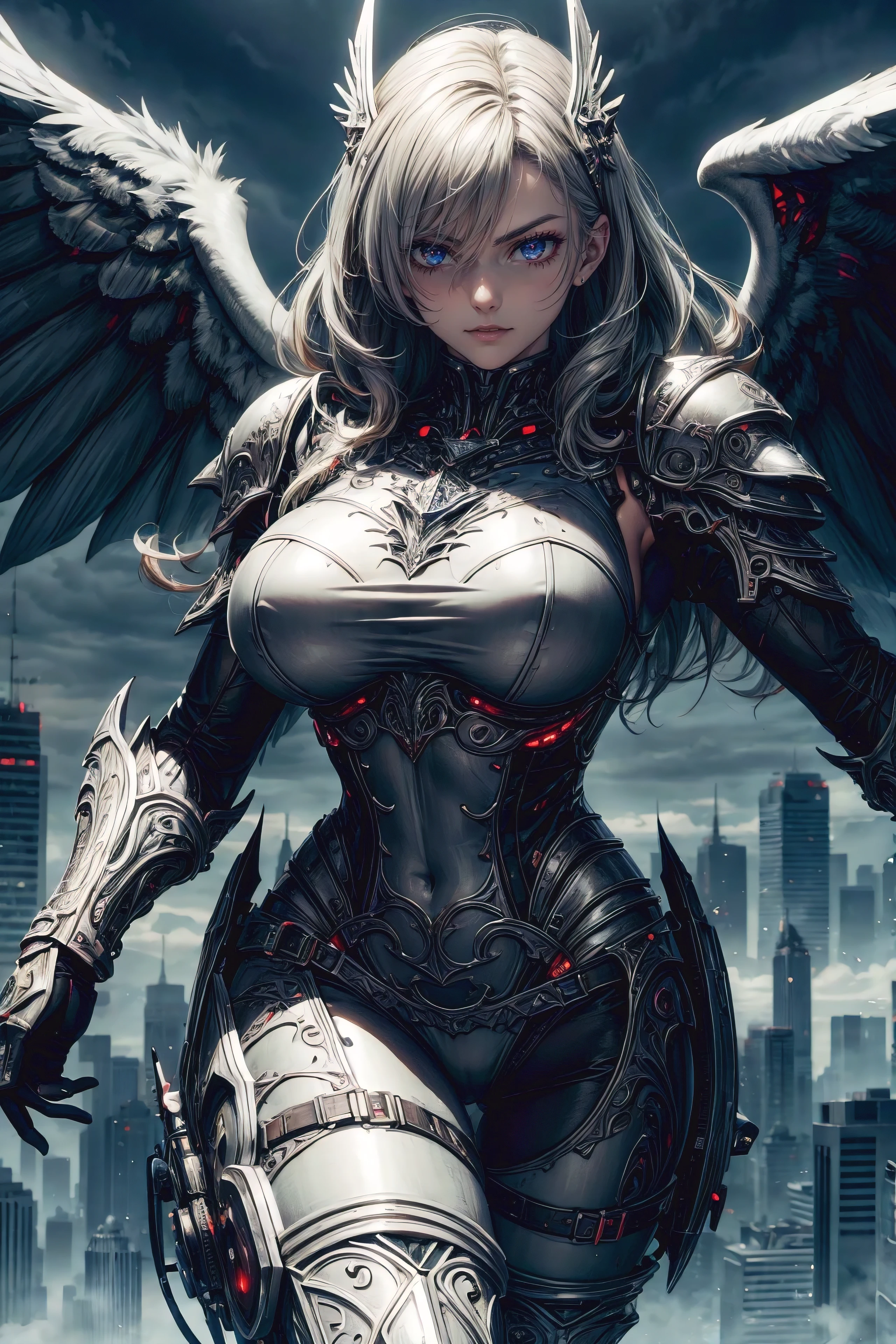 broken skyscraper in distant,battle angel,float,huge wings, heavy armor,bare thigh, valkyrie (sharp focus, eyes focus, masterpiece,best quality, realistic detail,clear image,realistic,high resolution)
 ,vamptech
