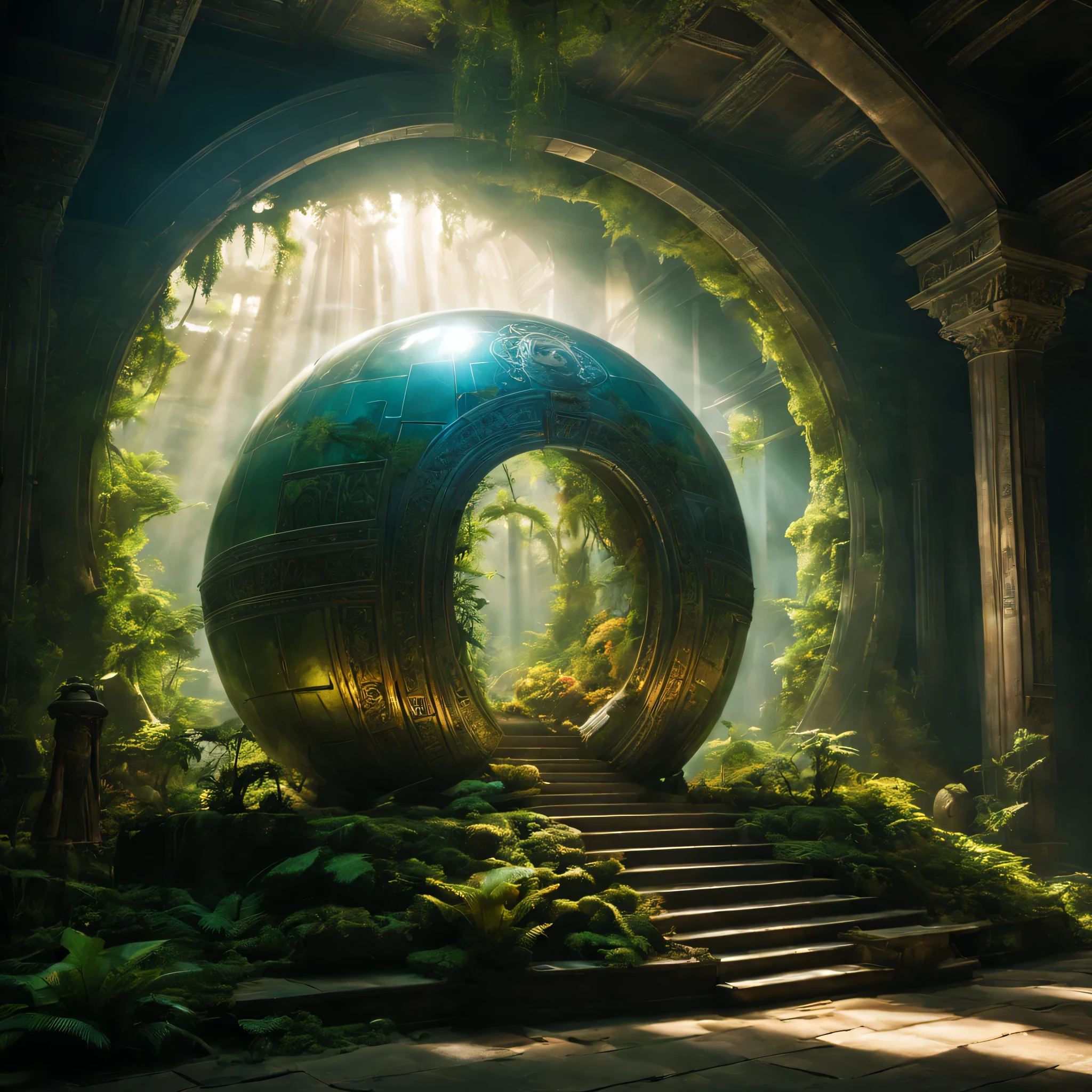 landscape,In the center of the room((spherical light:Mysterious:magic effect:light of science:intricate patterns drawn with light:be familiar with:holography:Reflects the beautiful vision of ancient civilizations:flash:rich colors:Cast colorful spells)),flash,とてもflash,Overgrown with plants,leaf,vine,moss,Background of ancient temples:dim:Surrounded by creative murals:delicate and beautiful,feel wisdom and wisdom,It was among the ruins of a destroyed civilization..,A temple surrounded by plants,A scene from a movie,fantasy,dramatic,magic effect,light of science,Science meets magic,(効果的にholographyを配置),How beautiful,beautiful light and shadow,3D,8K,dull壁画,decoration:money:Silver:dull,The time machine created by the ancients was forgotten..、now, deep inside the temple, it is waiting for visitors.,light leaking from the ceiling,A dreamy sight