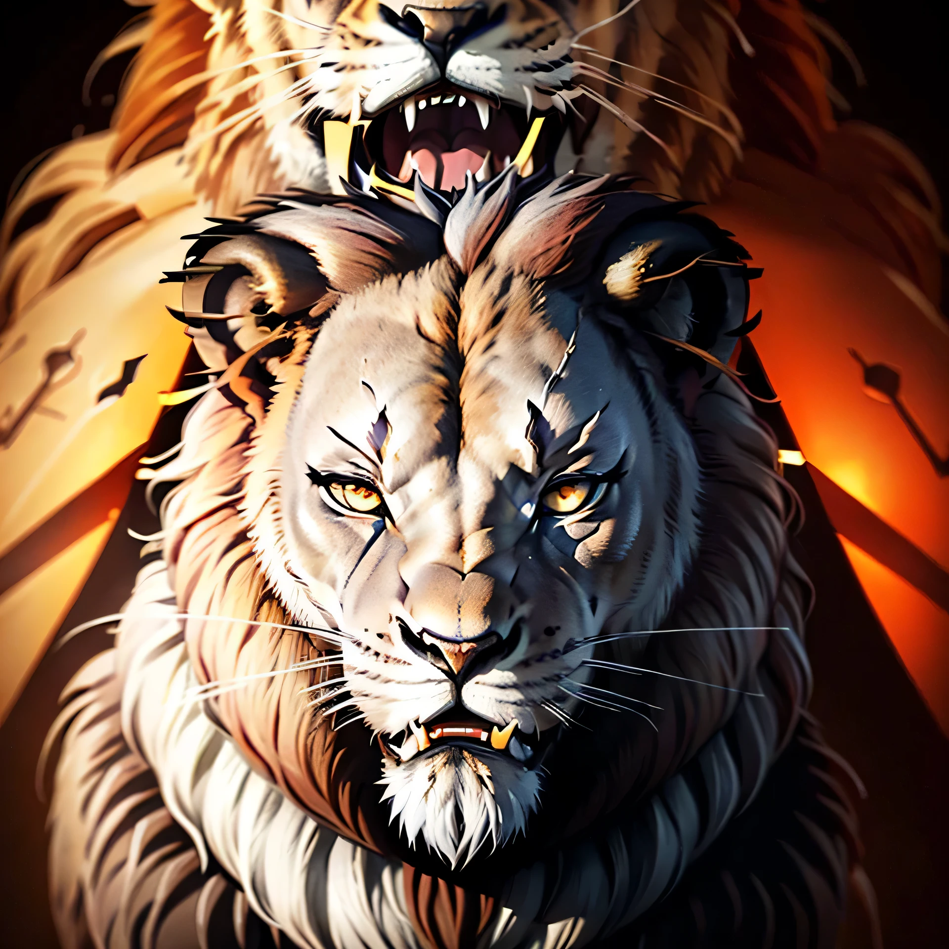 ((a roaring lion:1.4)), angry look:1.2, large mane, snarling face showing teeth, mean looking lion looking straight at viewer, in front of viewer, ((lion's head centered and symmetric:1.3)), ferocious, full mane, 8K illustration, artistic style, solid colors, ((digital drawing:1.2)), (((clip art drawing:1.4))), sharp, golden orange fur tones, plain white background, (full mane, lion's head only:1.4)))