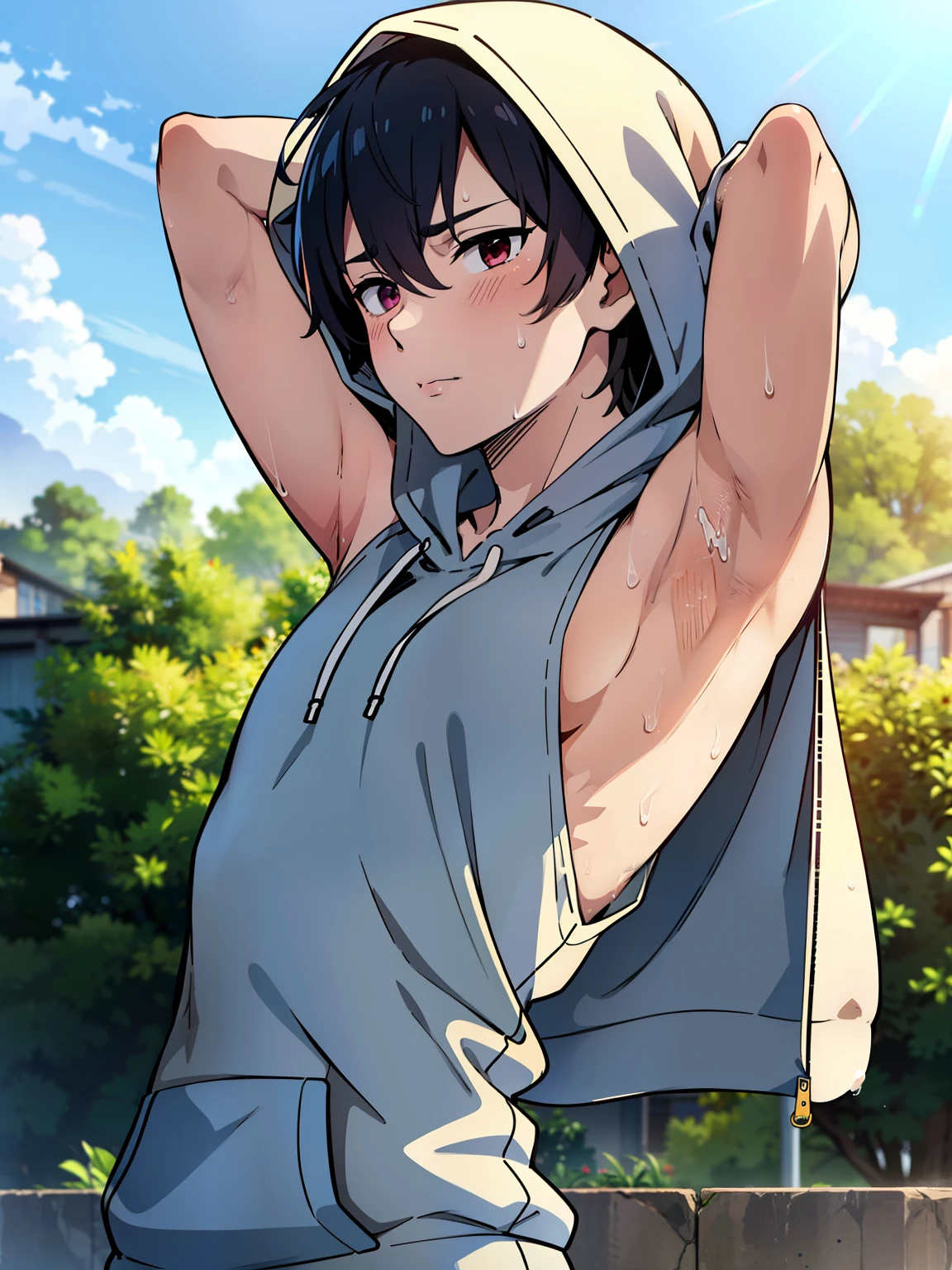 Highres, Masterpiece, Best quality at best,Best Quality,hight quality, hight detailed, 1boy, (showing two armpits:1.4), sweating, shota, outdoors, Sleeveless hoodie, seductive face, cute boy, slim body