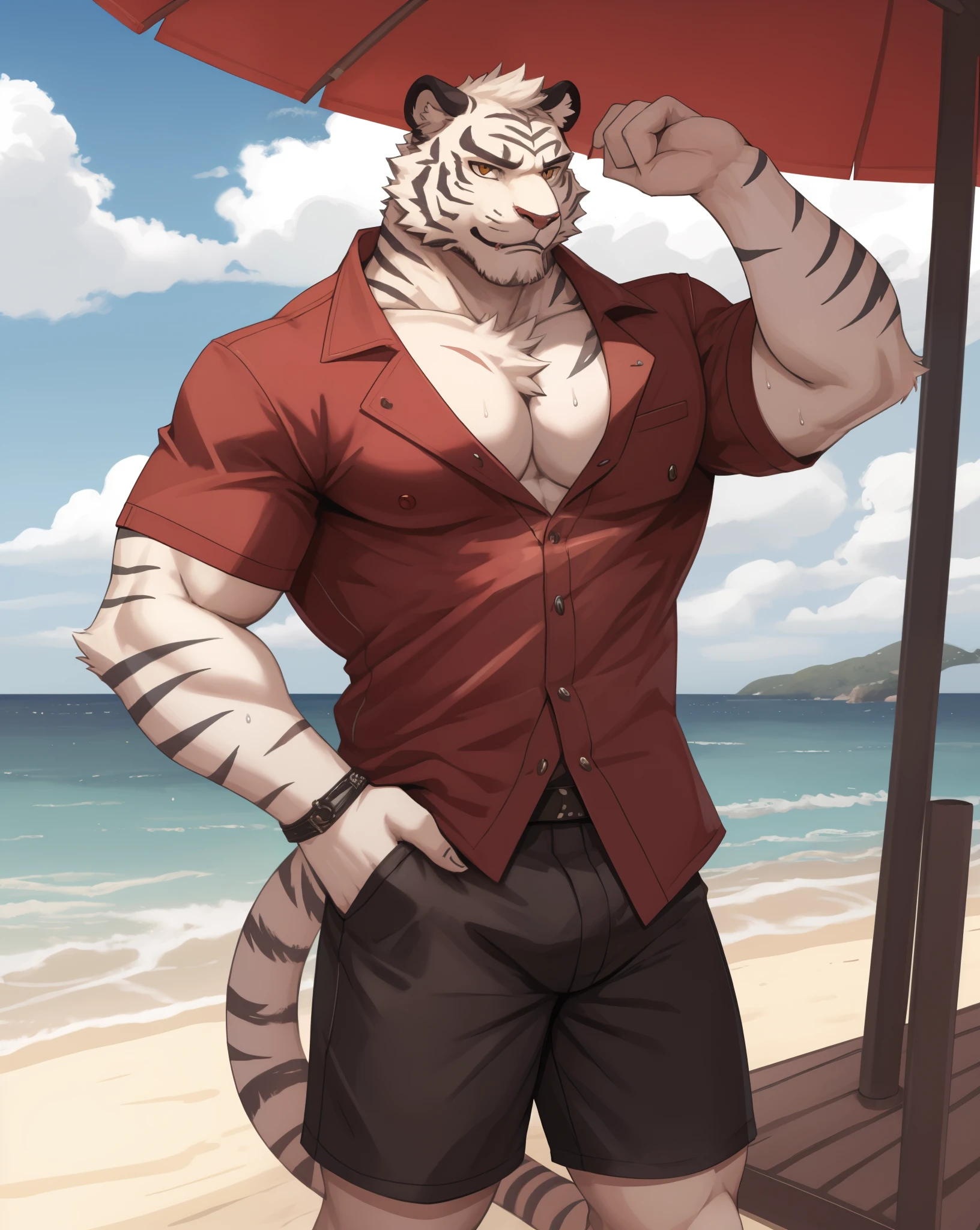 White tiger, furry, male, solo, looking at viewer, bad boy, ultra detailed, front view, (open clothing), open shirt , white shirt, shorts down, abs, pecs, perfect lighting, CG, detailed fur texture, beach, knee down, sweaty, thirsty, Hot weather, sea view, barefoot