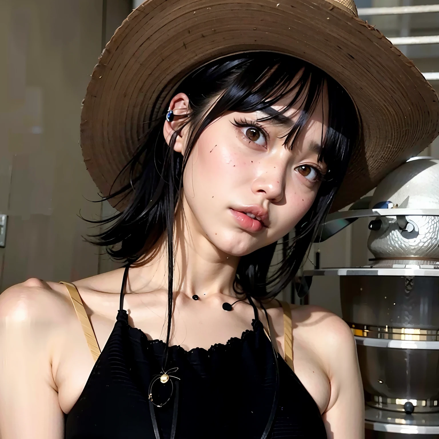 There's a woman wearing a hat and a black top, Ulzzang, she has black hair com franja, with straw hat, corte de cabelo preto hime, Heonhwa Choe, com franja completa, sakimichan, Jinyoung Shin, Sun Yunjoo, com franja, jaeyeon nam, 🤤 retrato de , neat hair com franja, Xintong Chen