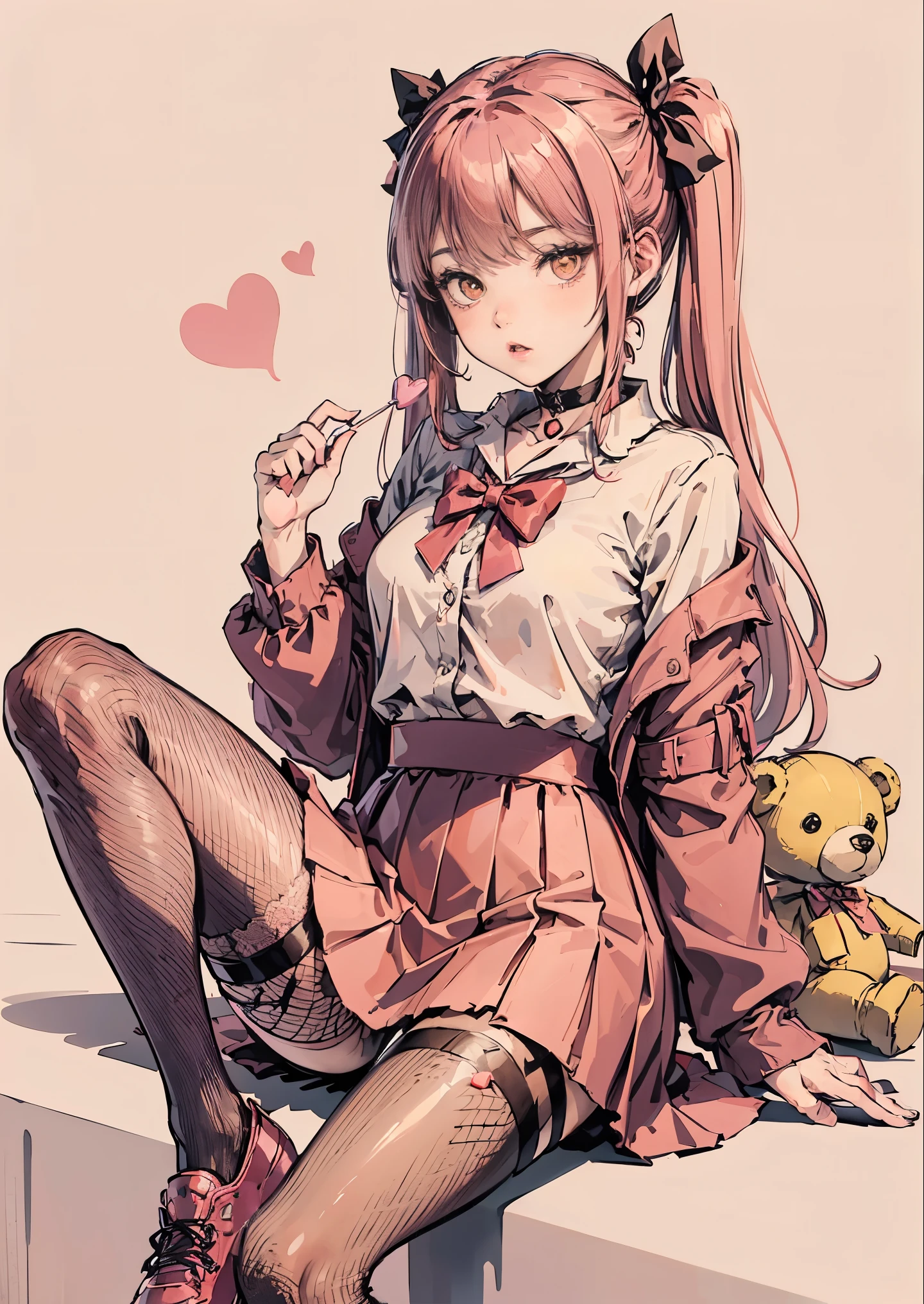 masterpiece, best quality, (makima),1girl, solo, long_hair, looking_at_viewer, shirt, light red_hair, long_sleeves, bow, ribbon,light pink and red attire, twintails, sitting, monochrome, hair_bow, heart, pantyhose, frills, love letters, shoes, choker, blunt_bangs, light red pink_skirt, yellow_eyes, stuffed_toy, valentines, pink_background, frilled_skirt, pink_bow, (fishnets), candy, bandaid, pink_shirt, teddy_bear, lollipop, (fishnet_pantyhose), platform_footwear, pink_theme, pill, heart-shaped pupils,