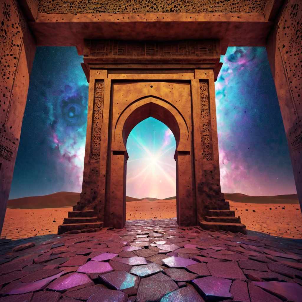 forgotten gateway of time and space, morocco, magical, magical flashes coming from the gateway of the future and the past, ancestral morocco, technological, 3d crackle, we can see a different landscape through the ancestral gateway, a wall, different sky outside and inside