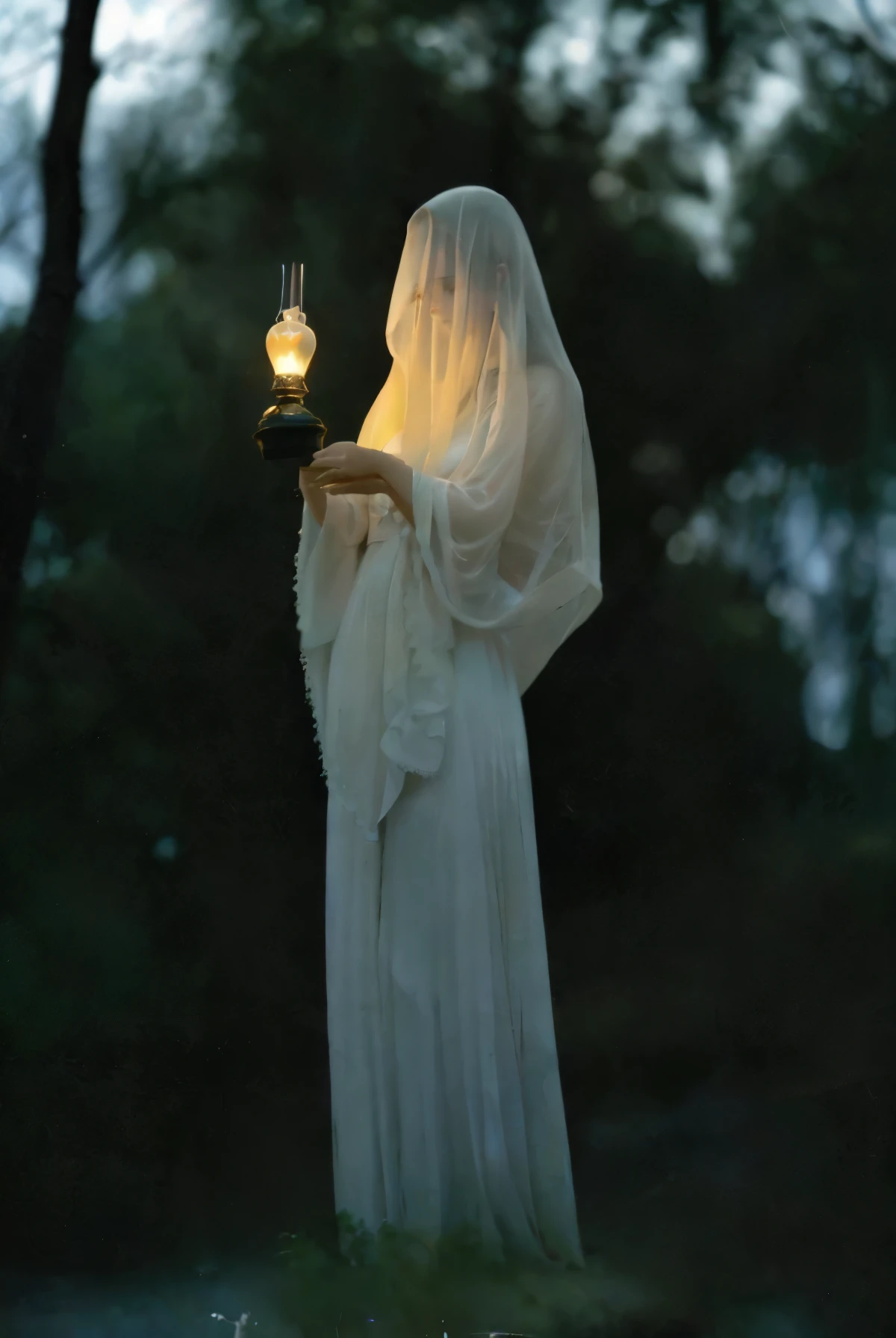 mulher arafa com um manto branco segurando uma vela em uma floresta, A Llorona, imagem assustadora espiritual, an ethereal image, muitos Merlot,  pale young ghost, ghostly figure, figura envolta, segurando uma lanterna, garota sob lanterna, spirits covered in curtains, porcelain holly herndon statue, mulher encapuzada