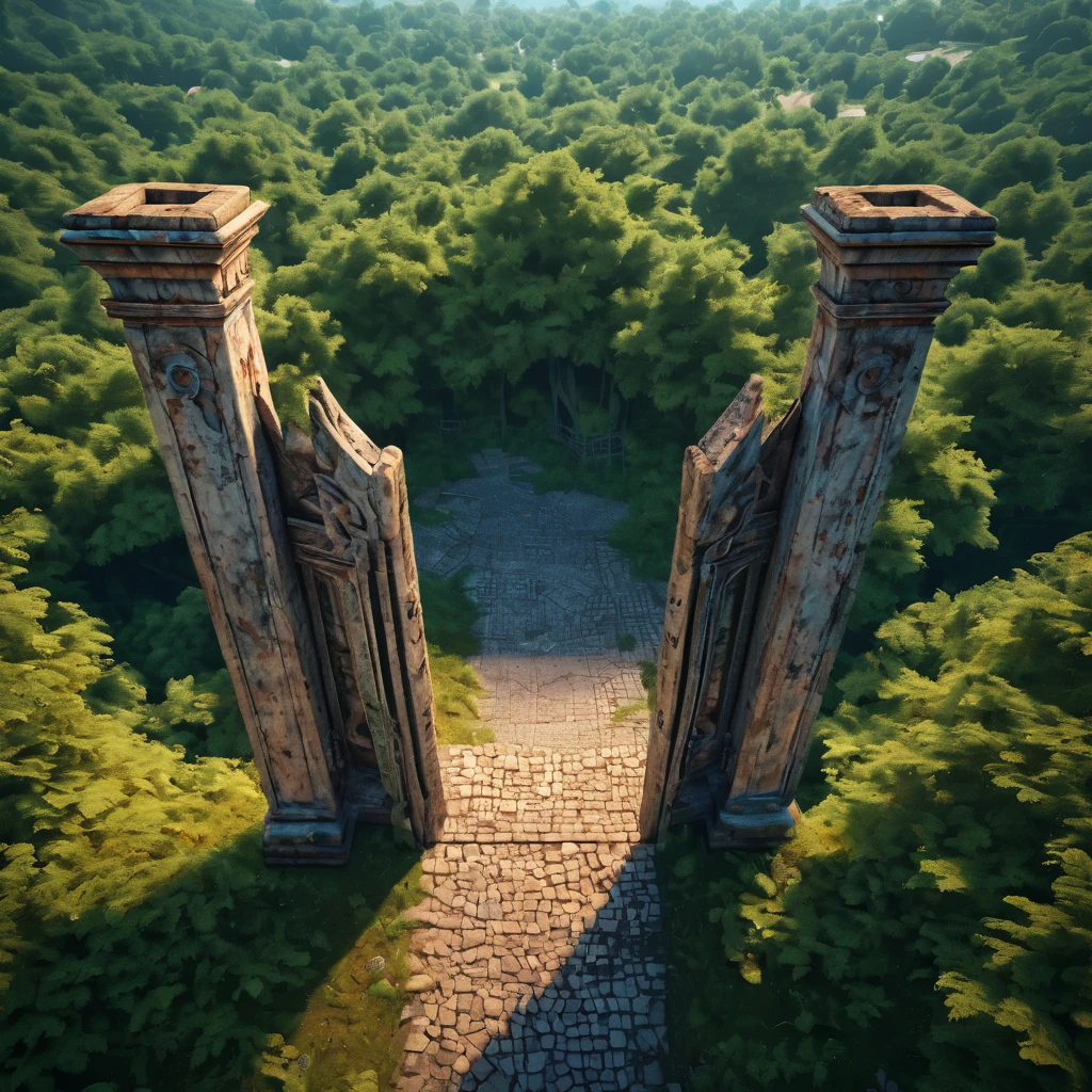 Aerial view of a forgotten ((open gateway)) of time and space.(best quality,4k,8k,highres,masterpiece:1.2),ultra-detailed,(realistic,photorealistic,photo-realistic:1.37),HDR,UHD,studio lighting,ultra-fine painting,sharp focus,physically-based rendering,extreme detail description,professional,vivid colors,bokeh,concept artists