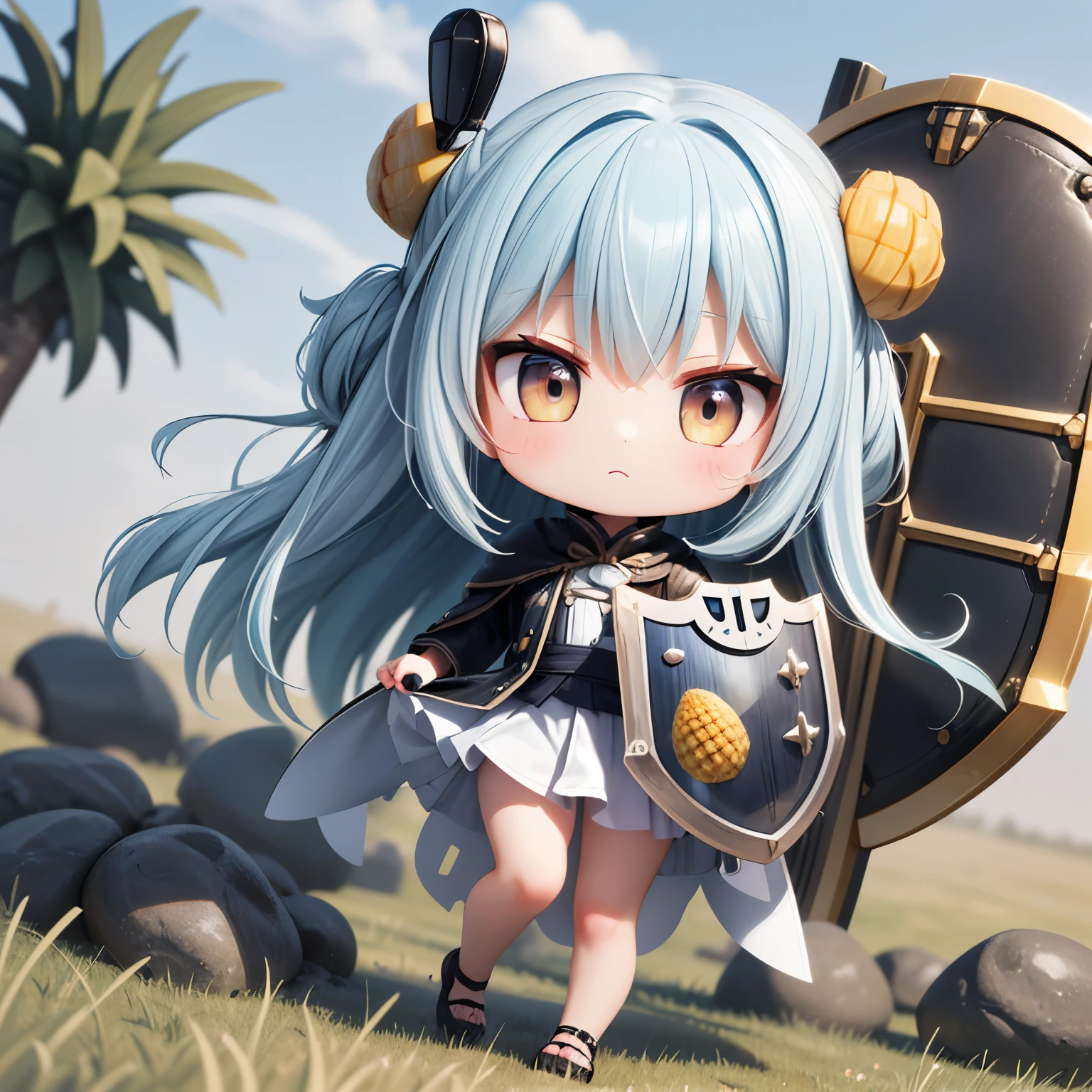 ((Chibi,pineapple, 3DCG, colored pencils, one girl: 1.3)) ,(Masterpiece, almond-shaped eyes, glossy white-blue hair, short chignon hair, top quality, carefully drawn fingertips, beautiful anatomy : 1.4), (full body: 1.3), (Red cheeks, indifference, no expression, hair blowing in the wind: 1.2),( bad field, dragon Buster,chibi Crusader, robe,zero Gravity,chibi Large shield user:1.3)