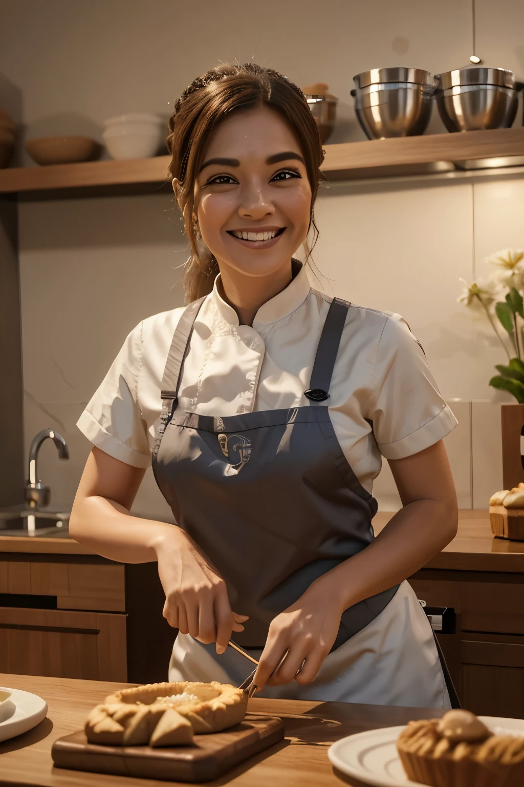 Crie uma cena de desenho animado estilo 3d -Pixar, Onde uma mulher, de cabelos lisos castanhos com 40 anos de idade, sorrindo e apontando o dedo indicador da mao direita para baixo .She's cooking dressed as a pastry chef.