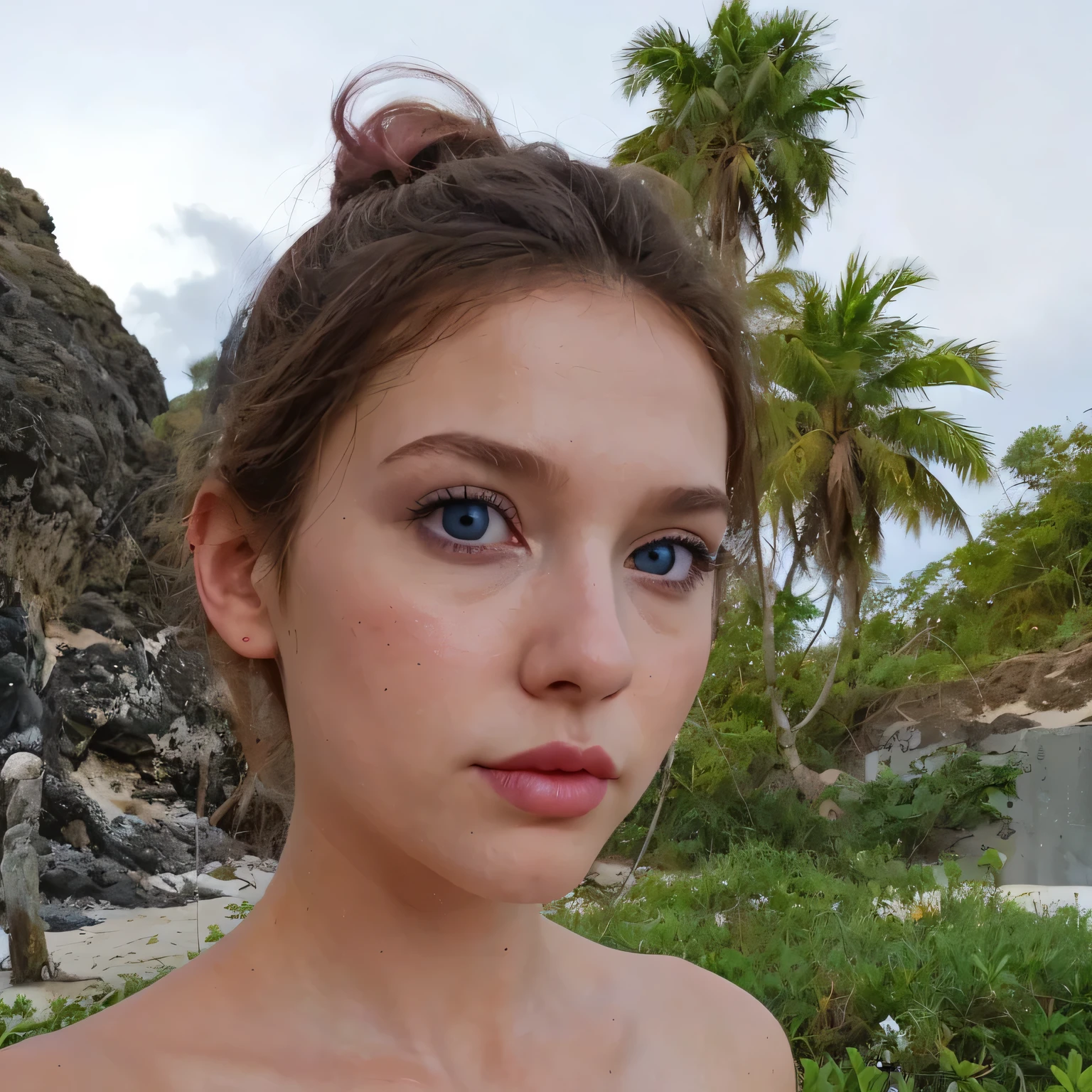 1girl in, age19, Solo, Aesthetic artwork, irish, wavy ginger hair, shoulder length hair, gray eyes, light grey eyes, pale skin, A-cup, small breasts, runners body, (textured skin, skin pores:1.1), goosebumps, taking a selfie while tanning at the beach in sexy bikini laying down on a towel, close-up