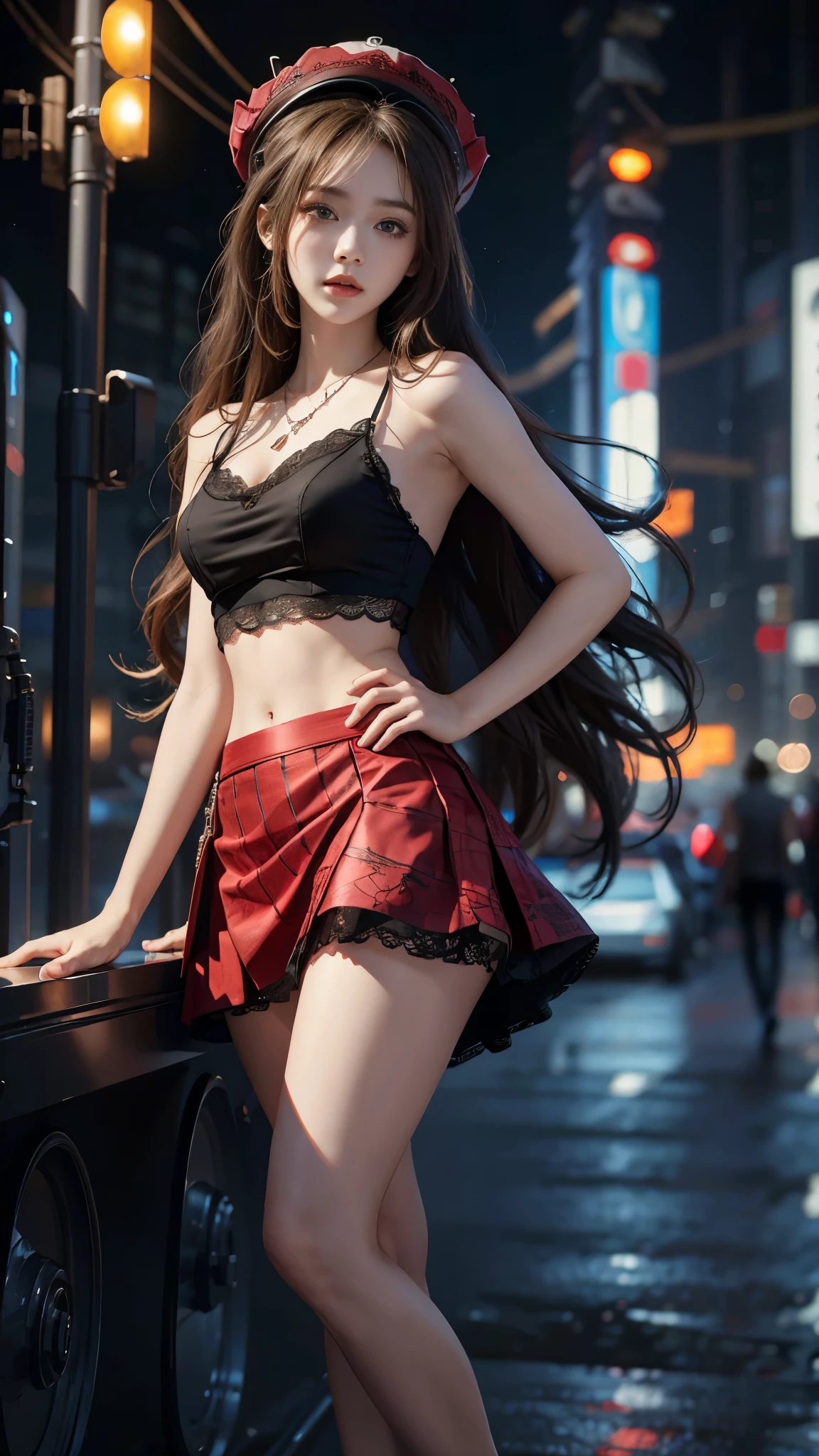 4K ultra hd, masterpiece, a cute girl, long hair, beautiful hairstyle, skirt, red skirt, bare waist, lace, necklace, hat, cyberpunk,