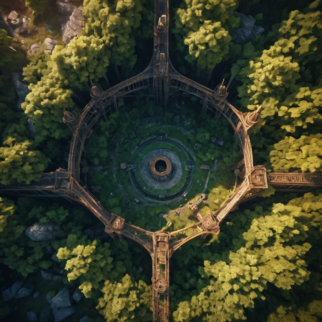 Aerial view of a forgotten ((open gateway)) of time and space.(best quality,4k,8k,highres,masterpiece:1.2),ultra-detailed,(realistic,photorealistic,photo-realistic:1.37),HDR,UHD,studio lighting,ultra-fine painting,sharp focus,physically-based rendering,extreme detail description,professional,vivid colors,bokeh,concept artists