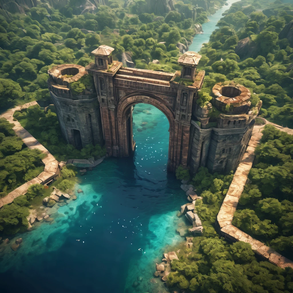 Aerial view of a forgotten ((open gateway)) of time and space.(best quality,4k,8k,highres,masterpiece:1.2),ultra-detailed,(realistic,photorealistic,photo-realistic:1.37),HDR,UHD,studio lighting,ultra-fine painting,sharp focus,physically-based rendering,extreme detail description,professional,vivid colors,bokeh,concept artists