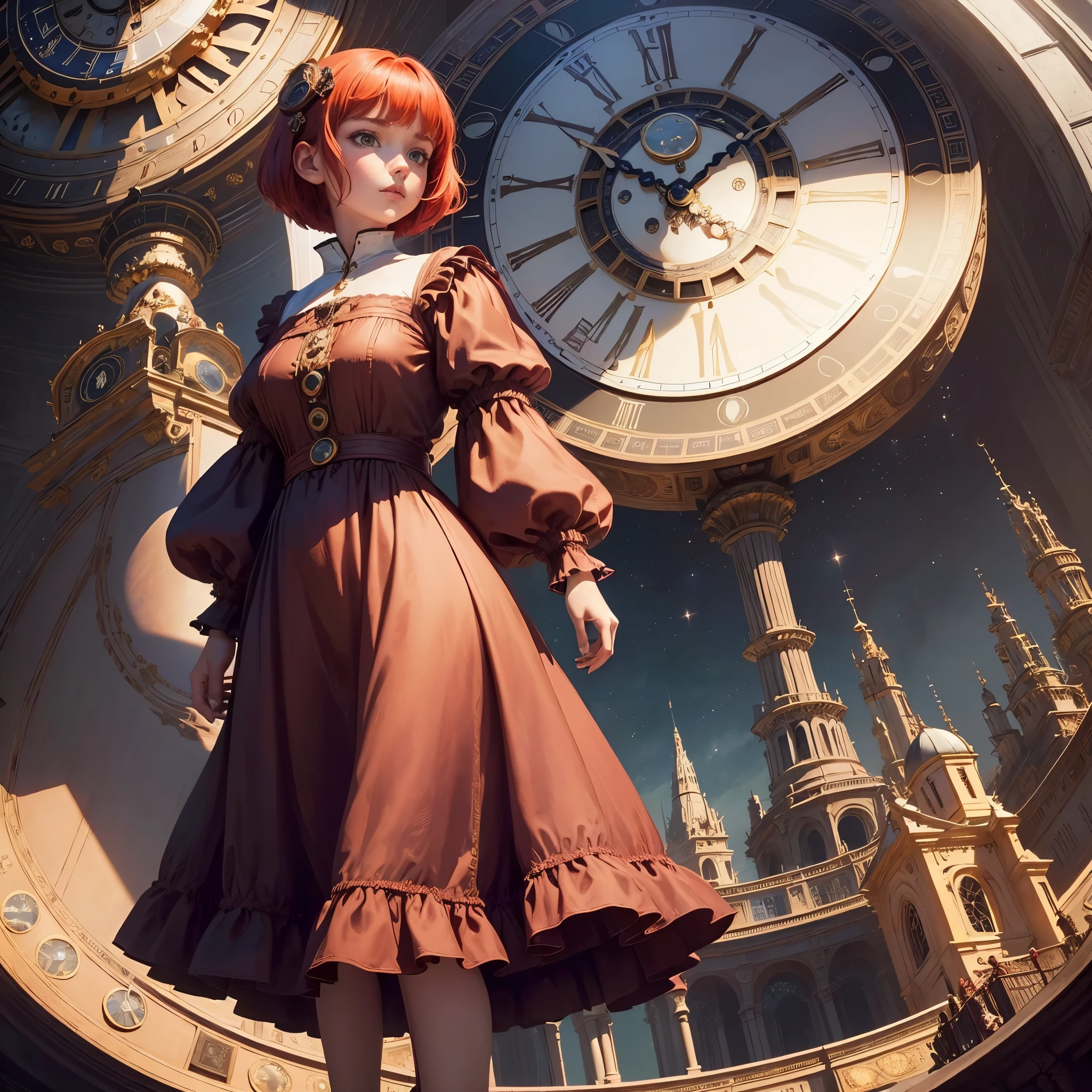 masterpiece, highest quality, ((giant girl standing in space)), 1 girl, ((((holding a giant clock)))), ((A clock as big as your face)), ((bed on hand)), red bob hair, amber eyes, ruffle dress, ((diagonally)), perfect face, Mysterious, (Looking into the distance), Detailed and beautiful, --automatic