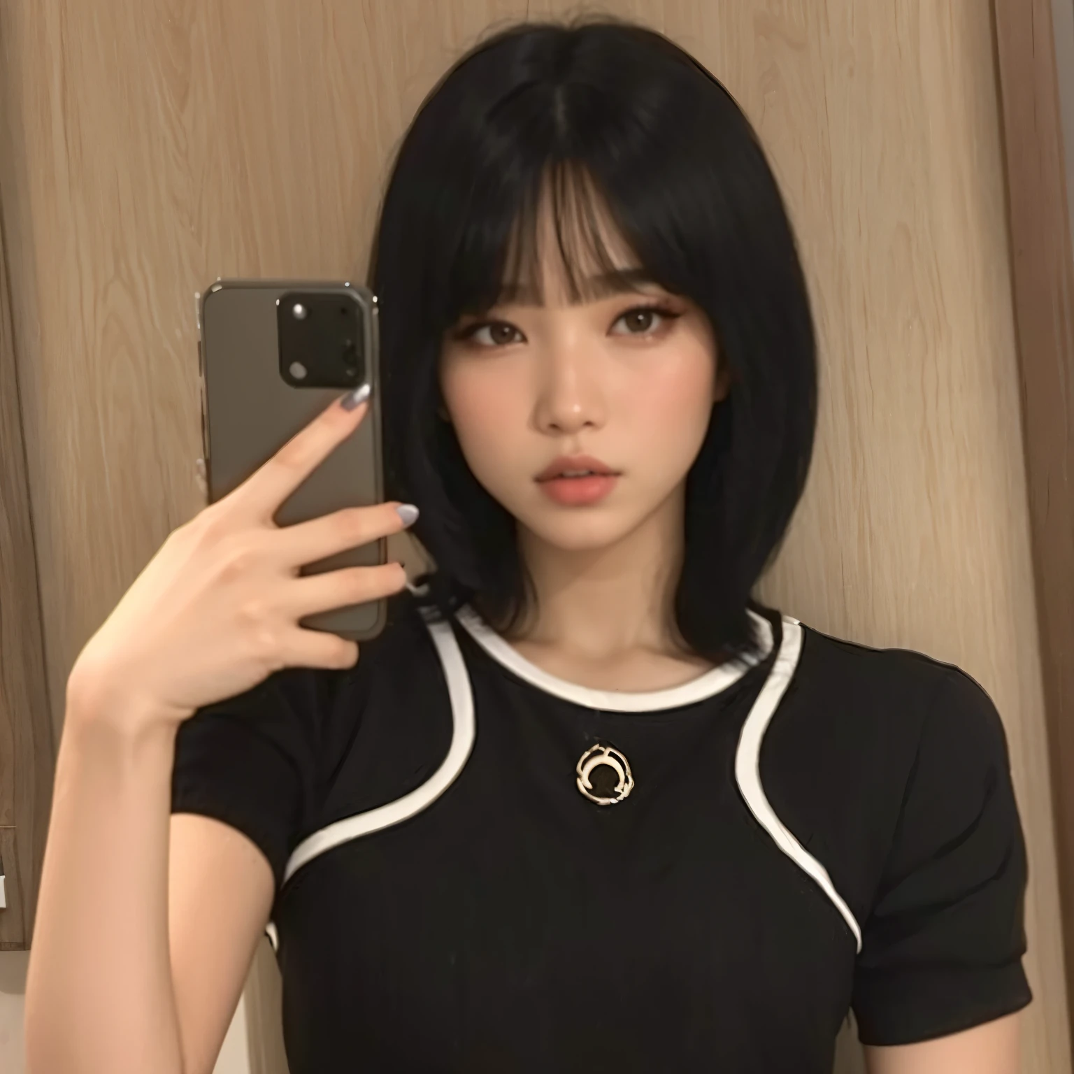 Araffe Asian woman taking a selfie in the mirror, she has black hair com franja, corte de cabelo preto hime, com cabelo curto com franja, penteado com corte hime branco, com franja completa, com franja, Sun Yunjoo, cabelo preto e franja branca, o corte Hime, neat hair com franja, com cabelo curto, Ulzzang, Lalisa Manobal