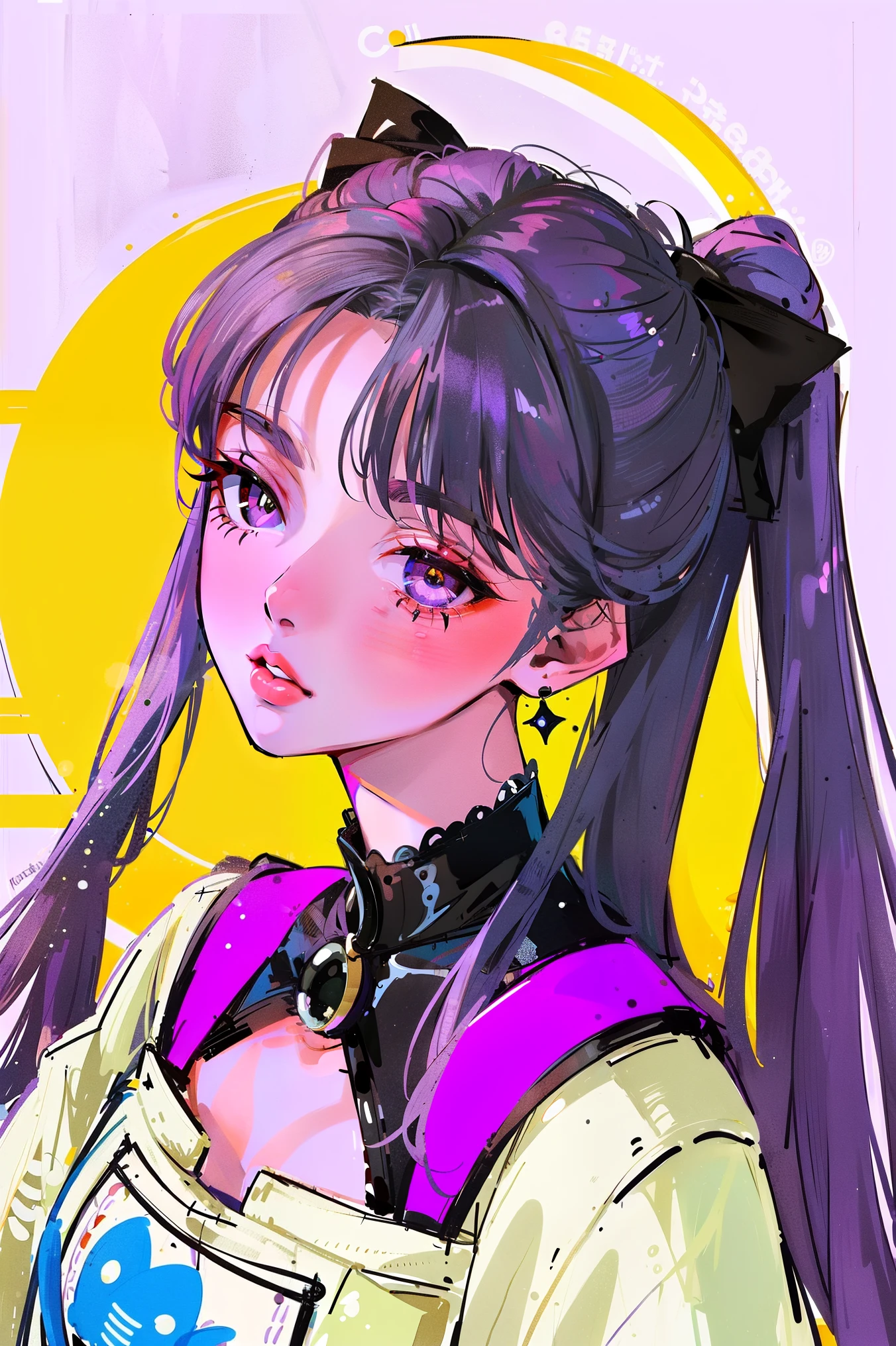 (portlate:1.4), (masterpiece:1.2, top-quality:1.2), From above, The upper part of the body, 1girl in, look up to, sface focus, extra detailed face, extremely detailed eye, goodlooking, make - up, Fingers on lips, Lunette de soleil, Fashion Wear, large earring,purple color haishionable