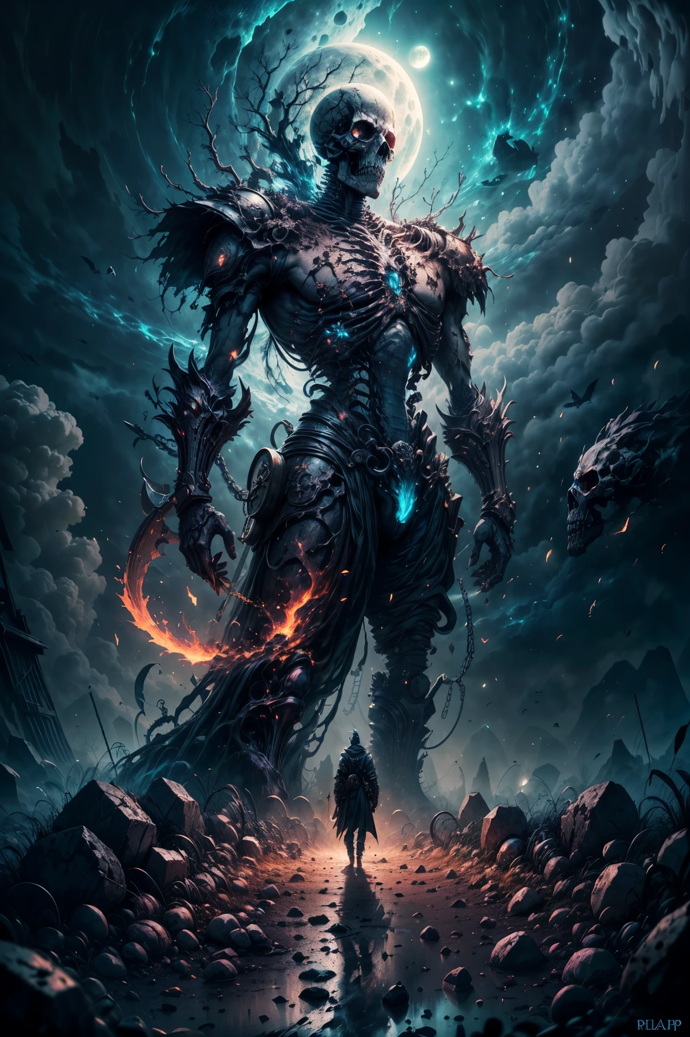 A skeleton knight rise from his grave, dragging with a rusted old long sword, detailed rusted old armor with some breaking parts, mythical glowing eyes, death aura, grave yard back ground, BREAK dark fantasy, horror, crows, distorted tree in the background, ashes and fog, night time, full moon, open skull, scary, looking extremely intimidated, rusted chain around his body, dirty, BREAK,Detailed,Realistic,4k highly detailed digital art,octane render, bioluminescent, BREAK 8K resolution concept art, realism,by Mappa studios,masterpiece,best quality,official art,illustration,ligne claire,(cool_color),perfect composition,absurdres, fantasy,focus
