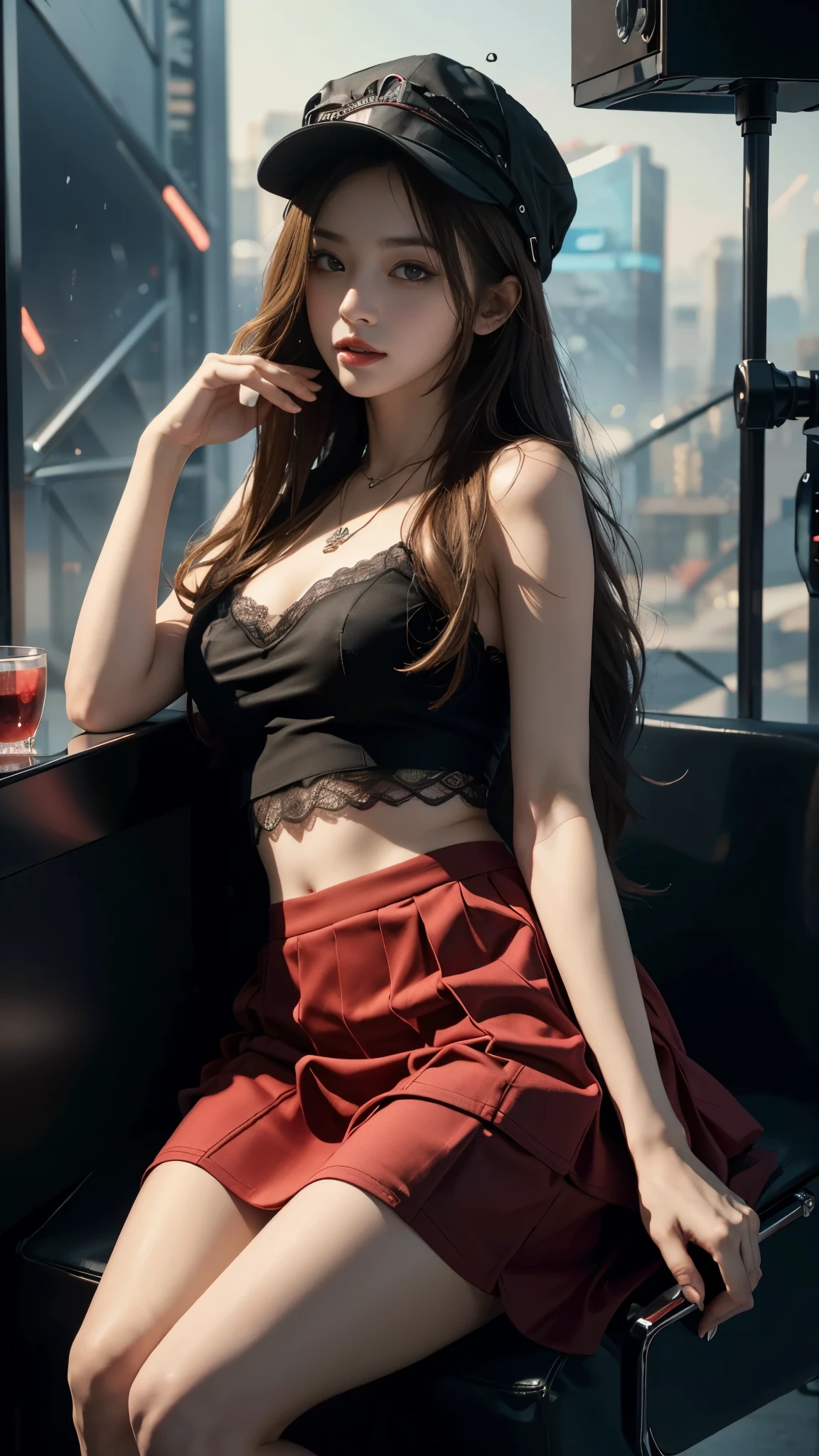 4K ultra hd, masterpiece, a cute girl, long hair, beautiful hairstyle, skirt, red skirt, bare waist, lace, necklace, hat, cyberpunk, sitting,
